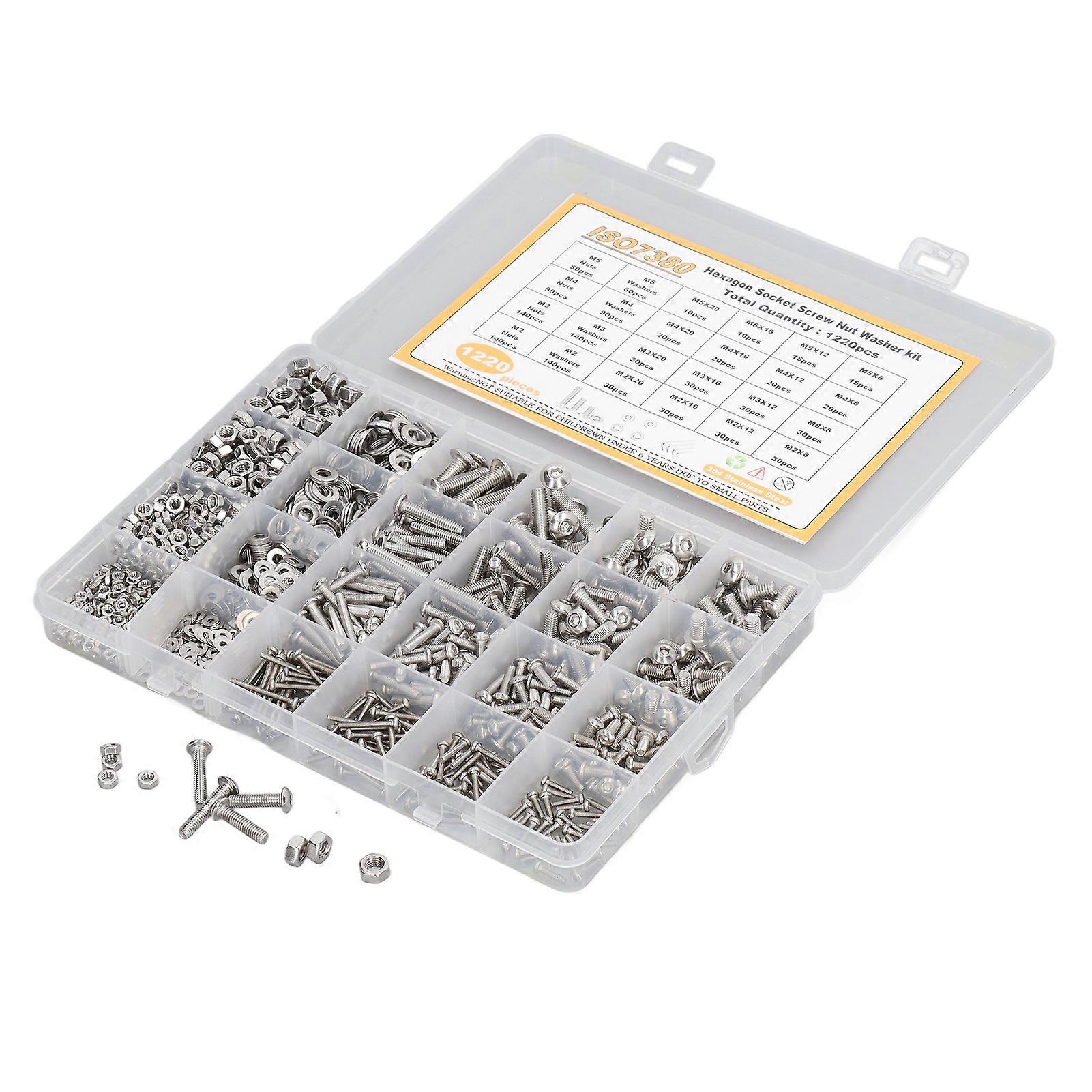 Risegun M2 Screw Nut Washer Kit 1220Pcs 304 Stainless Steel Hex Socket Screw Nut Washer Kit M2 M3 M4 M5 Fasteners