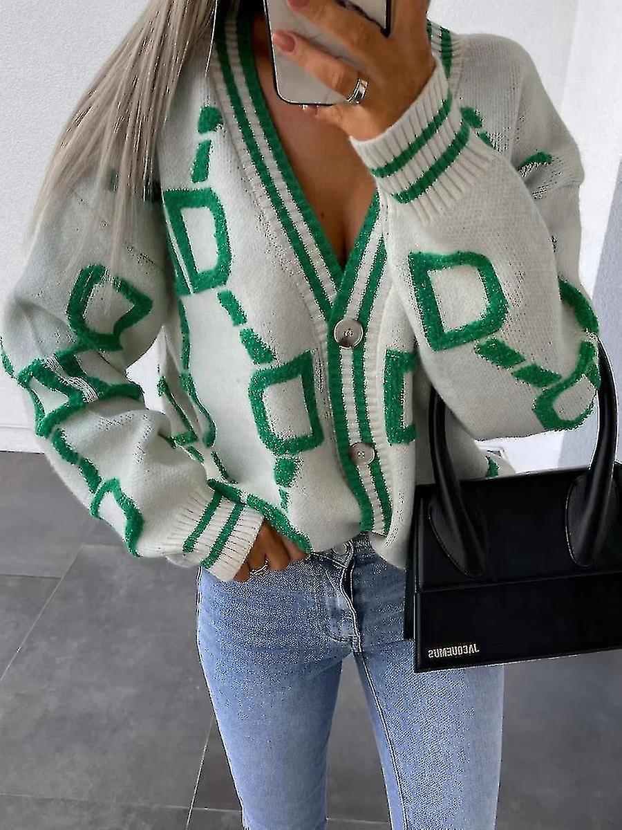 2023 Herbst Winter Strickjacke Mode Frauen Langarm Lockerer V-Ausschnitt Pullover Dick warm Frau Grün Lässig Print Strickjacke