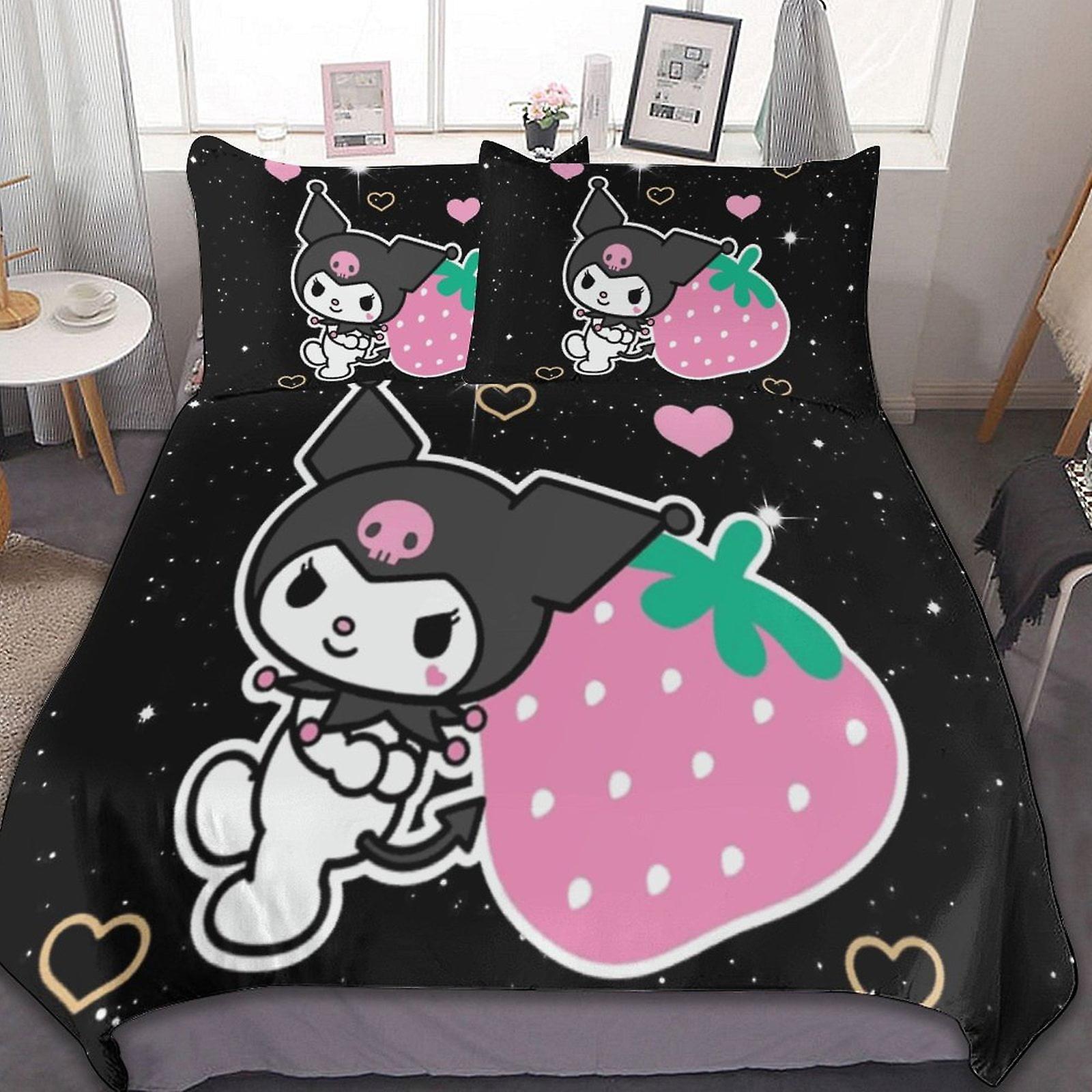 Kuromi 3 st lakan set Andningsbart påslakan med 2 kuddar Sham Soft All Seasons Sängkläder Set