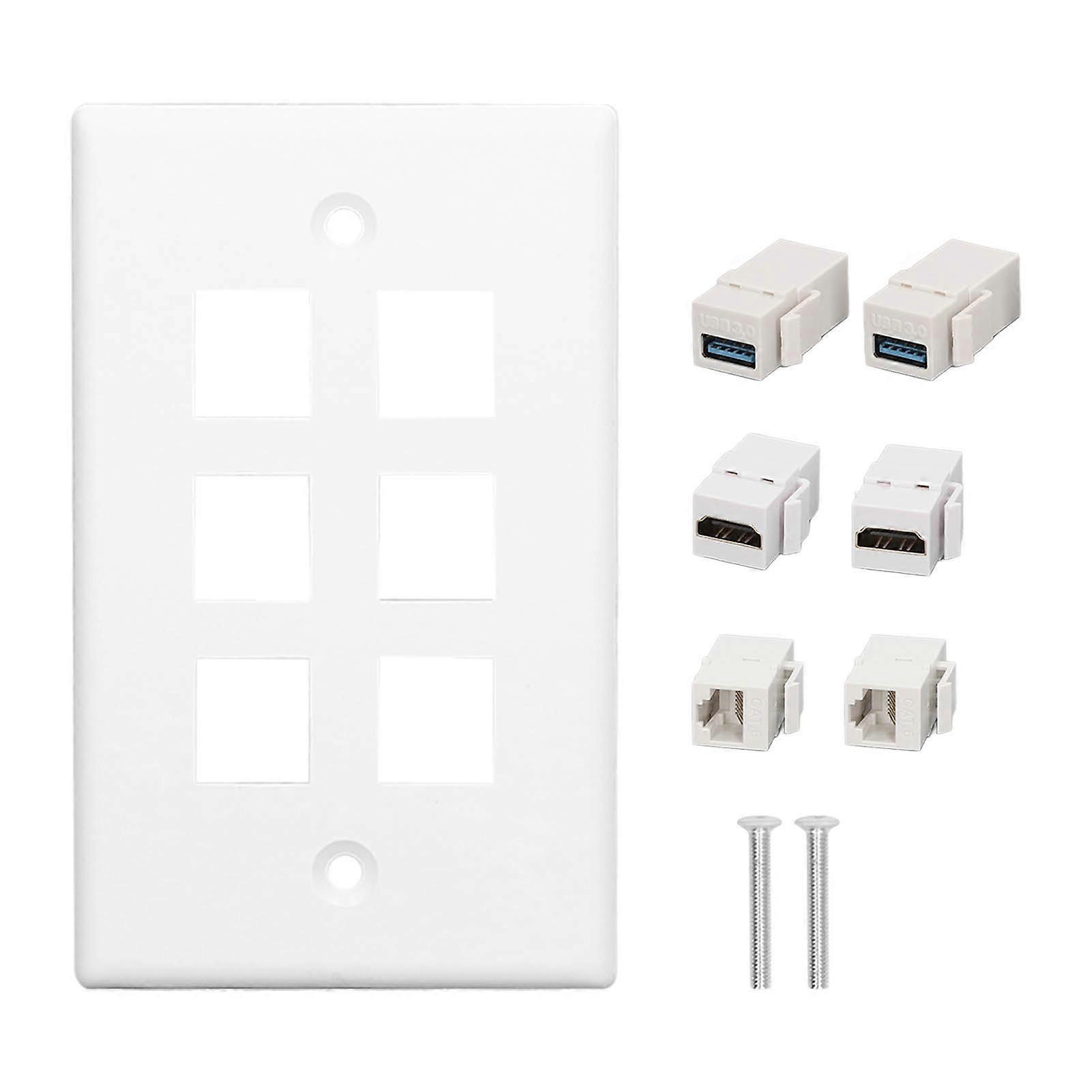 6 Port Wall Plate 2xHD Multimedia Interface 2xCat6 2xUSB3.0 RJ45 Ethernet Wall Plate for HDTV Projector Computer