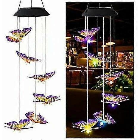 LX-ソーラーウィンドチャイムライト-パープルイエローバタフライ-ソーラーガーデンライト