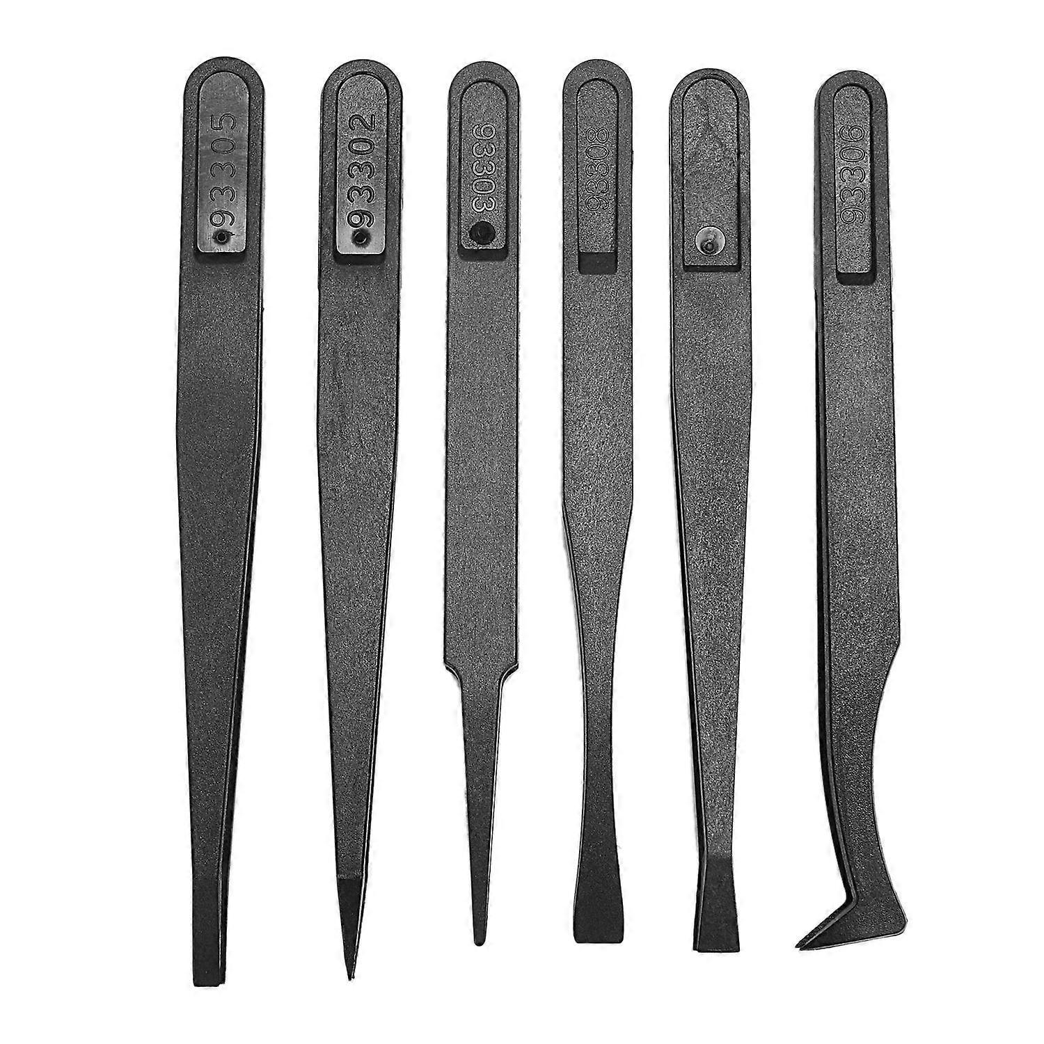 6PCS Precision Tweezer Set Plastic Anti Static Tool Kit Size 1/2/3/5/6/8 each one(Black)