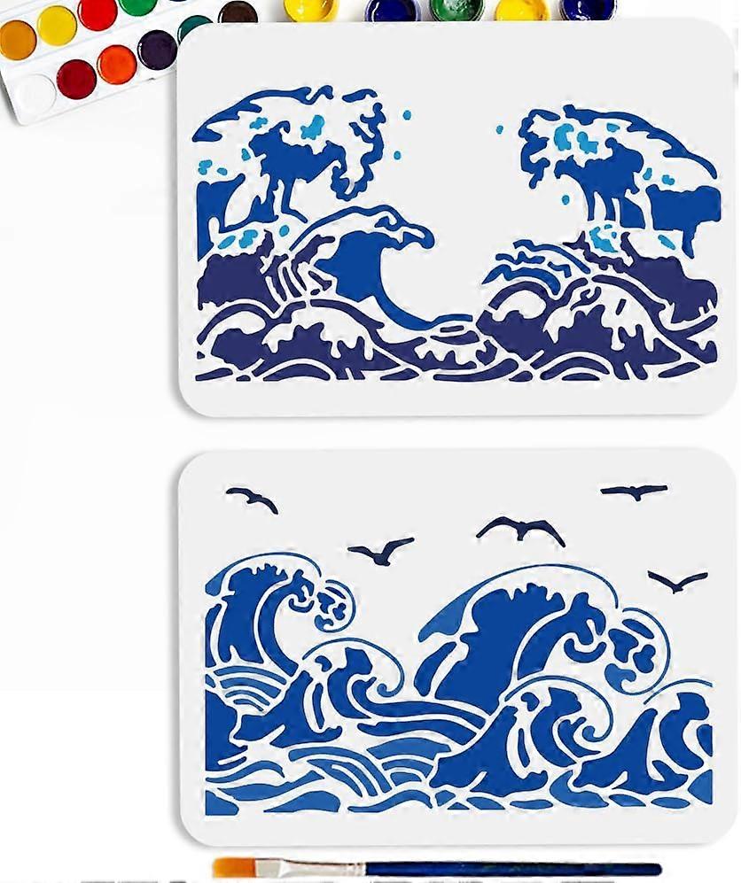 2Pcs Ocean Waves Stencil A4 Size Reusable Sea Wave Seagull PET Stencil 11.6x8.2inchs Different Wave Pattern Templates Drawing Stencils for DIY Art Cra
