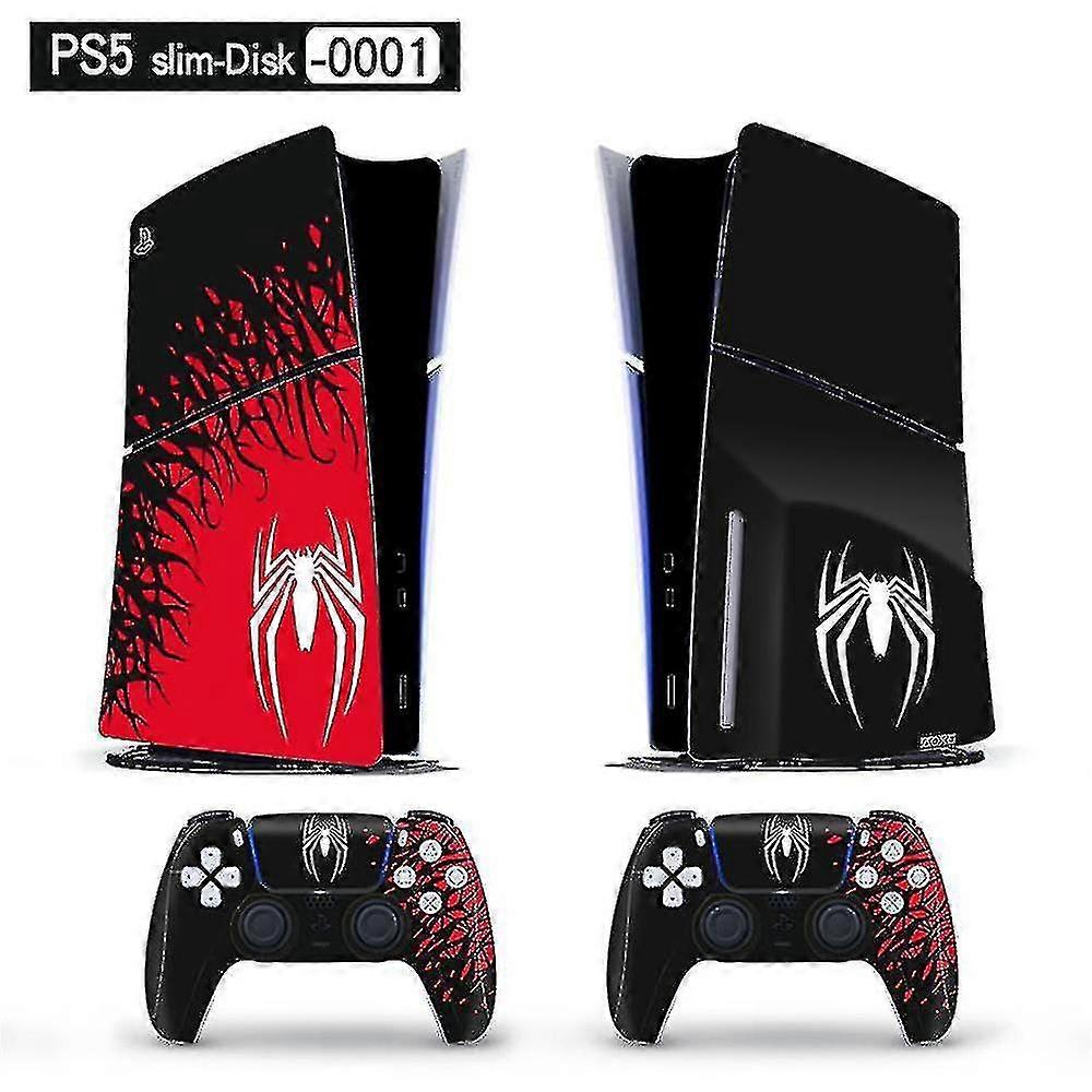 Playstation 5 Slim PS5 Slim Marvel Spider Man 2 접착 스킨 데칼 및 컨트롤러 스티커 세트, 긁힘 방지(디스크)