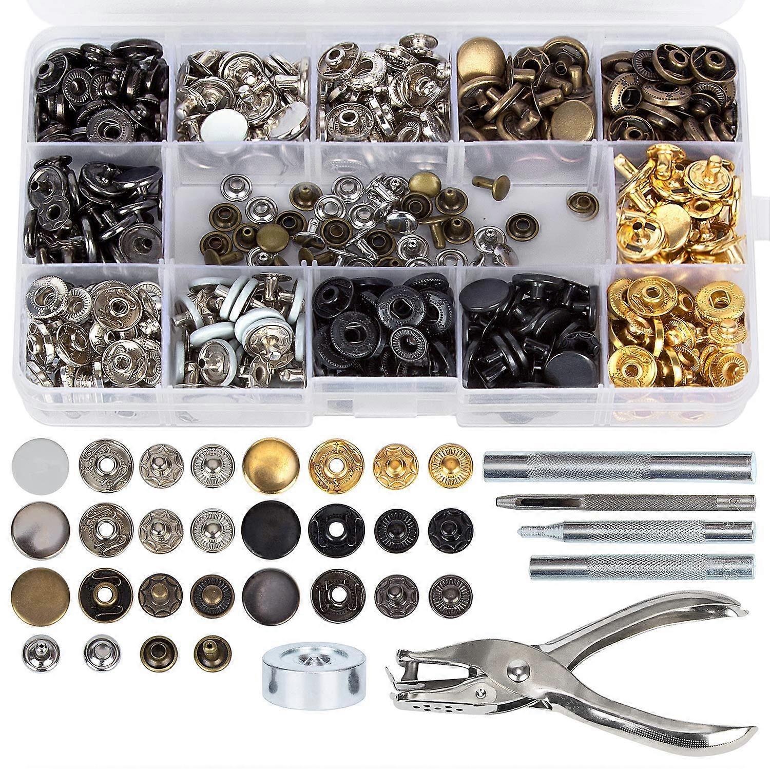 146 Set Snap Fasteners Kit + Leather Rivets, Snap Buttons Press Studs, Double Cap Rivet with Fixing Tools for Leather
