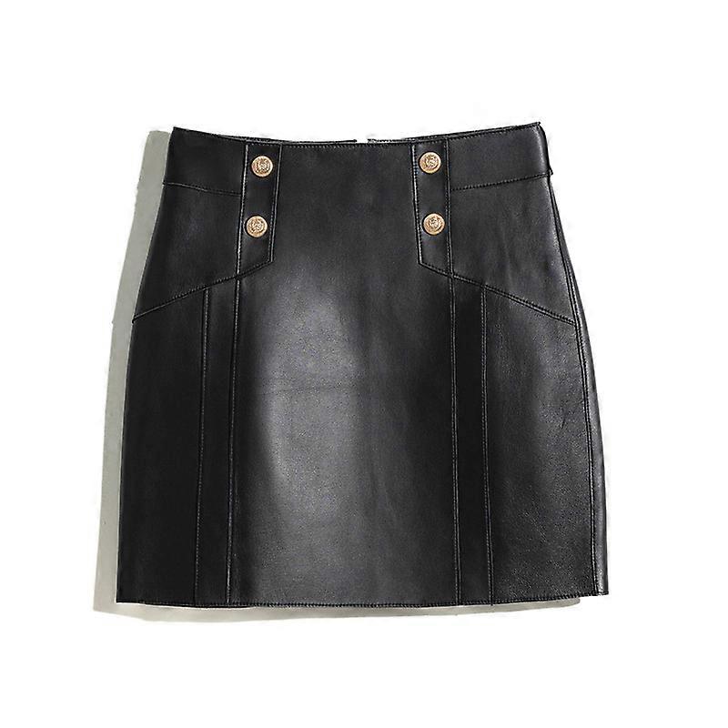 Mini jupe trapèze A-ligne en cuir véritable boutonnée devant devant