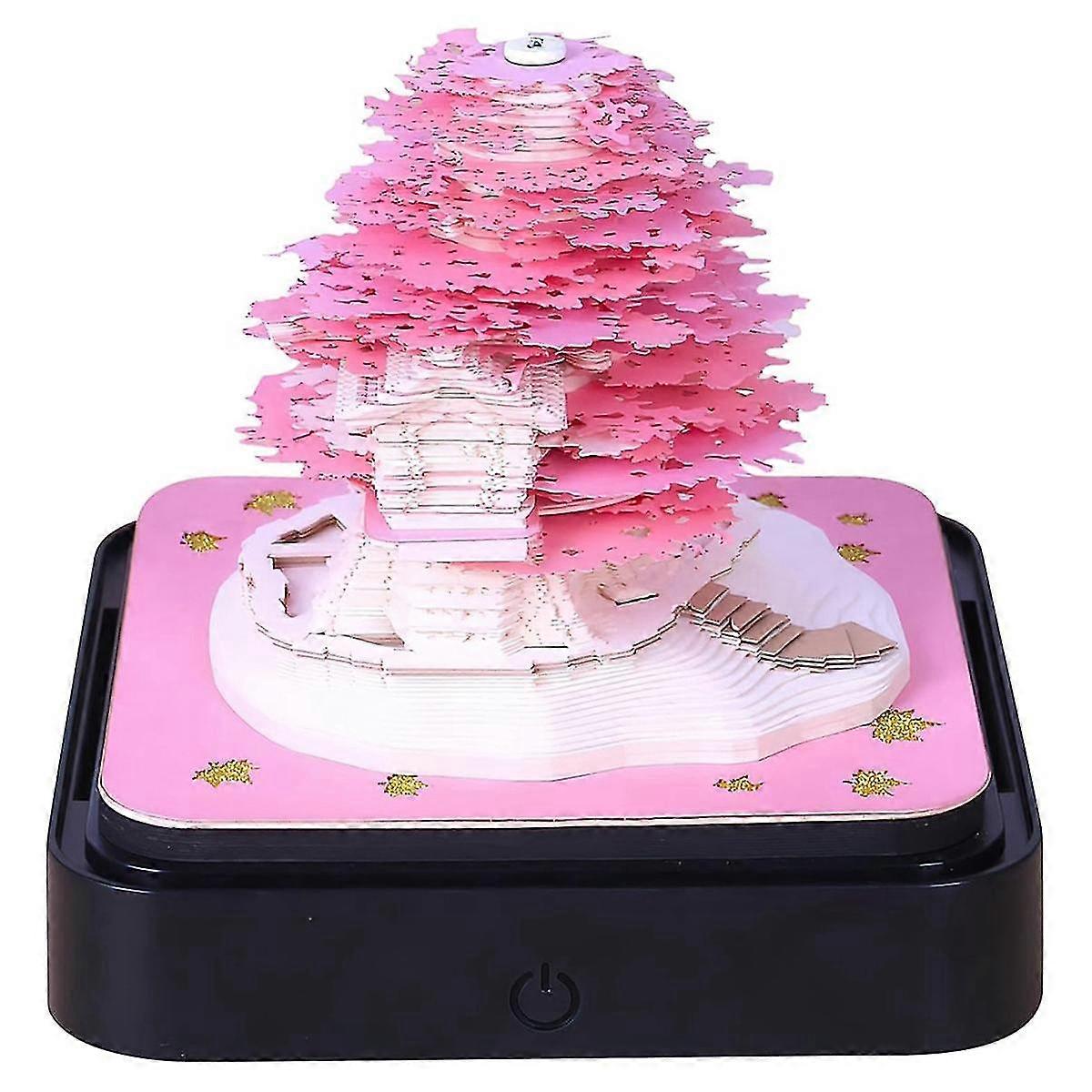 3D Art Calendar Memo Pad 2024 ، ساعة التقويم ساكورا شجرة مزق ورقة نحت لزجة DIY ملاحظة الوردي