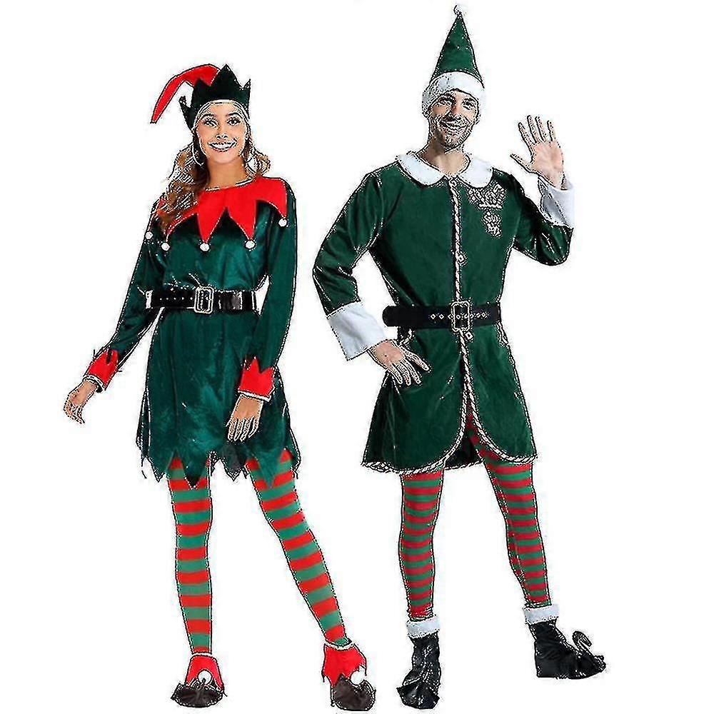 デラックスサンタクロースヘルパーコスプレ女性ドレスグリーンクリスマスエルフコスチューム大人クリスマスワークショップ新年の衣装男性