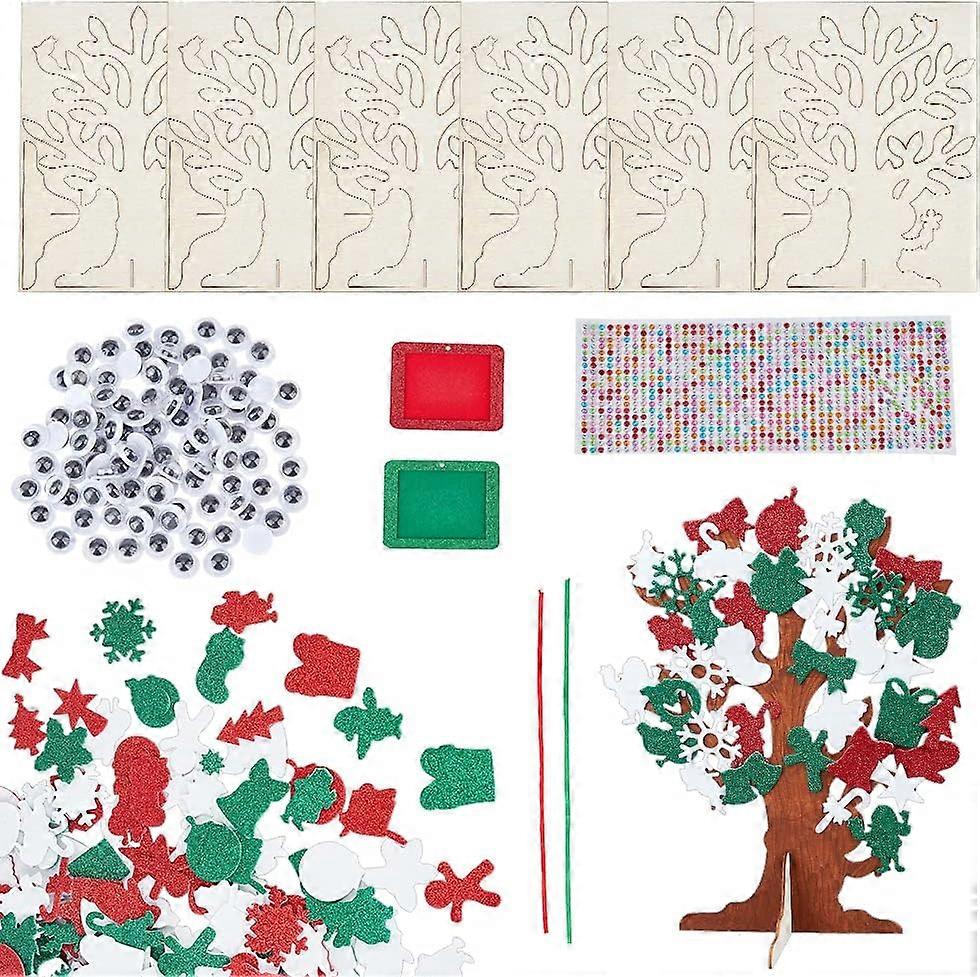 6 Set Foam Stickers 3D Craft Tree Kit Christmas Unfinished Wood Tree Christmas Tree with 500Pcs Santa Claus Gingerbread Elk Sticker for Art Project Fa