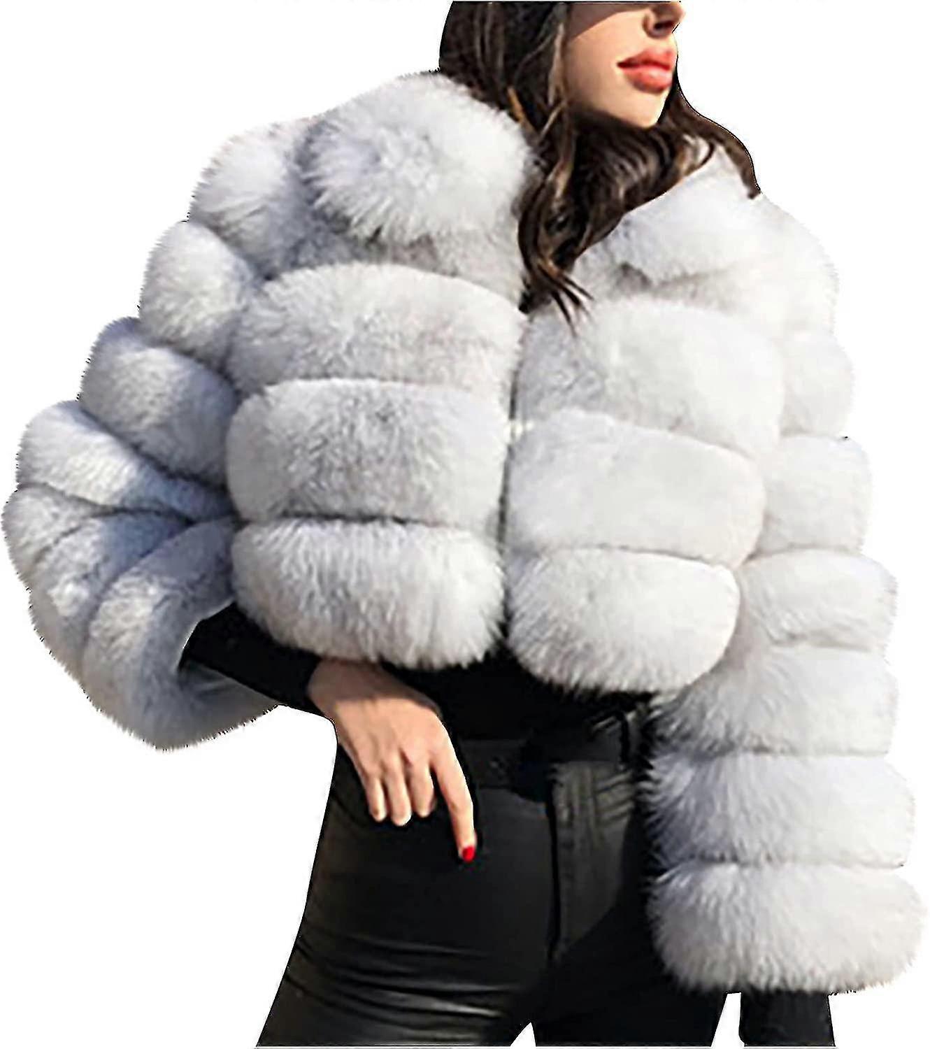 Faux Fur Coat Women Cropped Bubble Coats Lapel Collar Jackets Fuzzy Fluffy Warm Outerwear