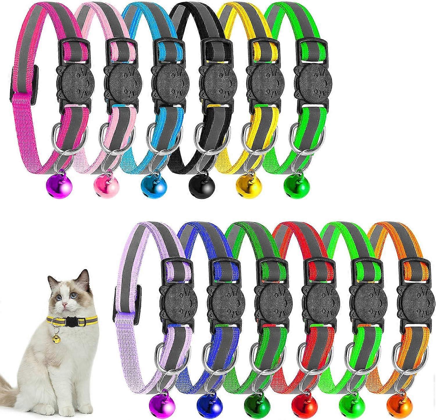 12 Pieces Cat Collar Cat Anti-Strangulation Collar Cat Collar with Reflective Strap and Bell Quick Release Belt Buckle Kitten and Puppy Collar