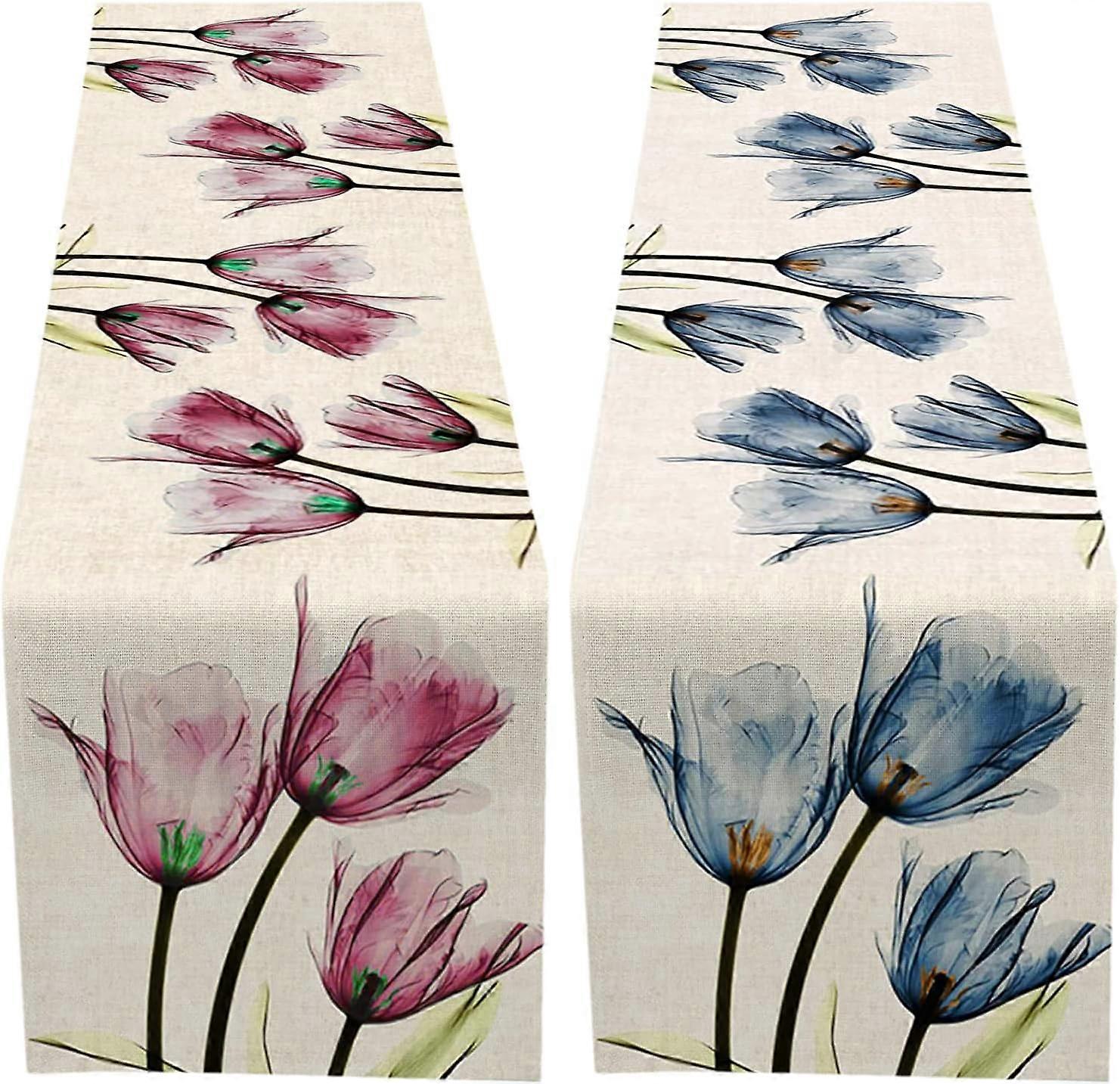 Tulip Linen Table Runner 2 Packs,Summer Table Runner 13 x 71 Inch,Flower Table Runner