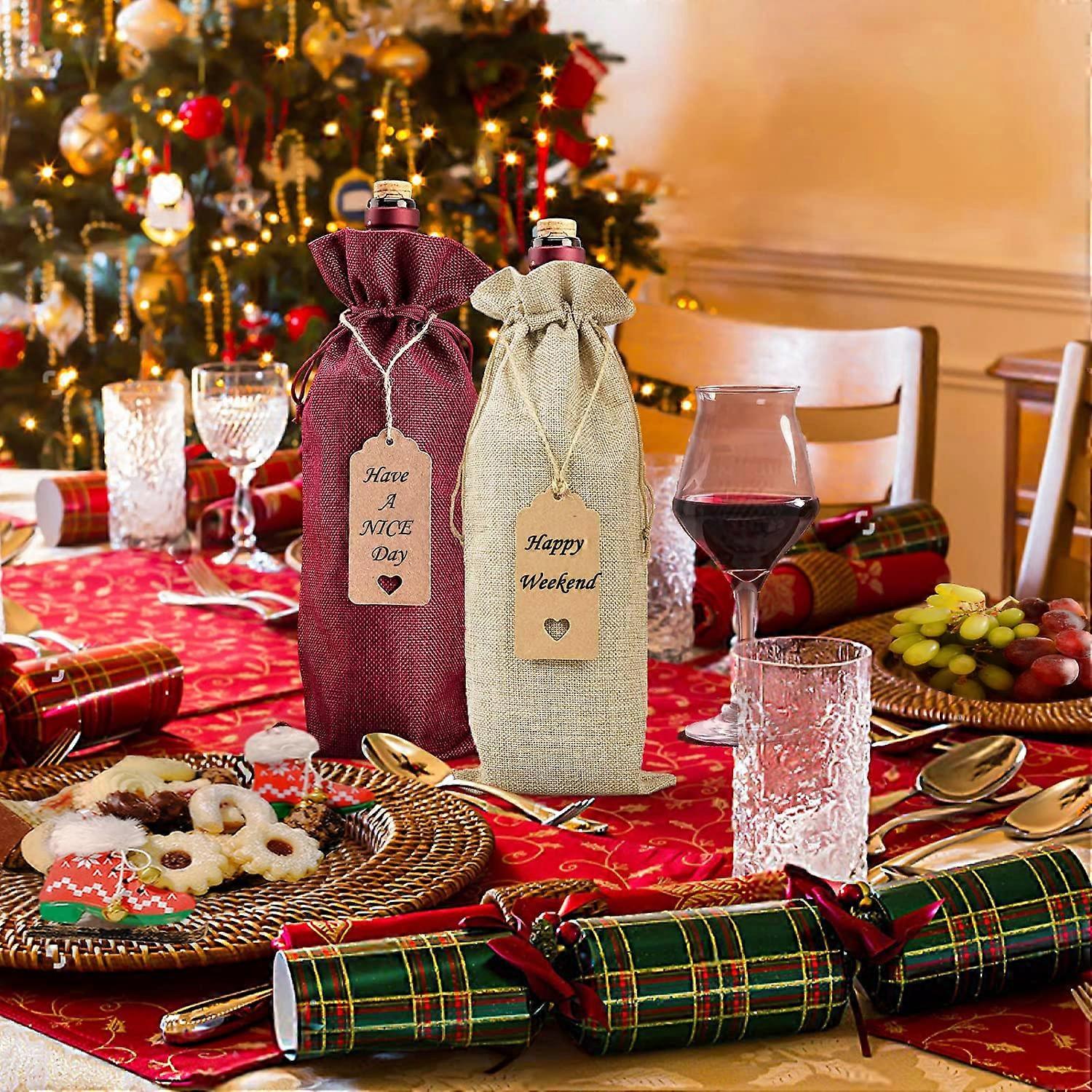 12pcs Burlap Wine Bag with Drawstring (Red)