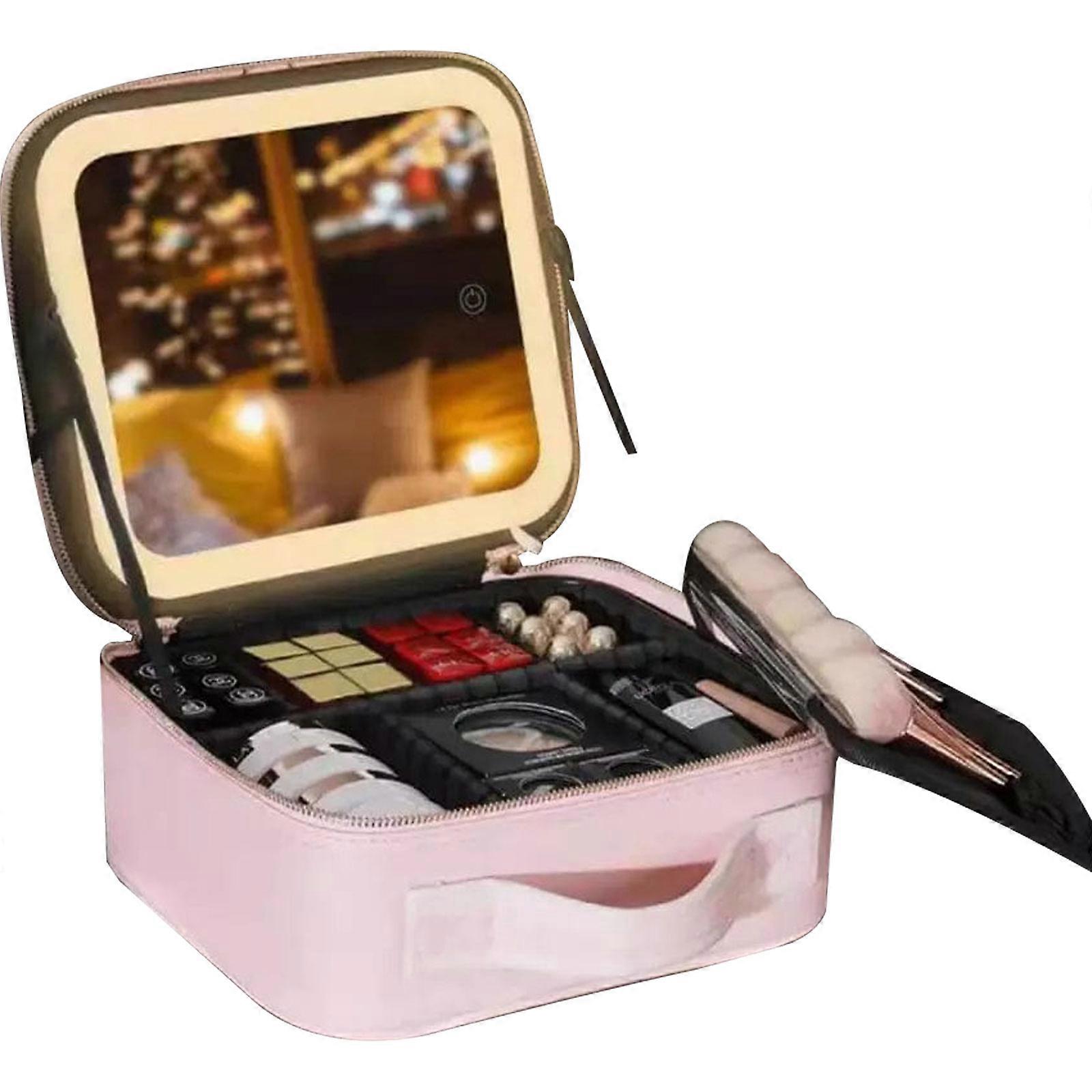 Train Makeup Case Bag Pink with 3 Level LED Light Mirror Portable Multifunction