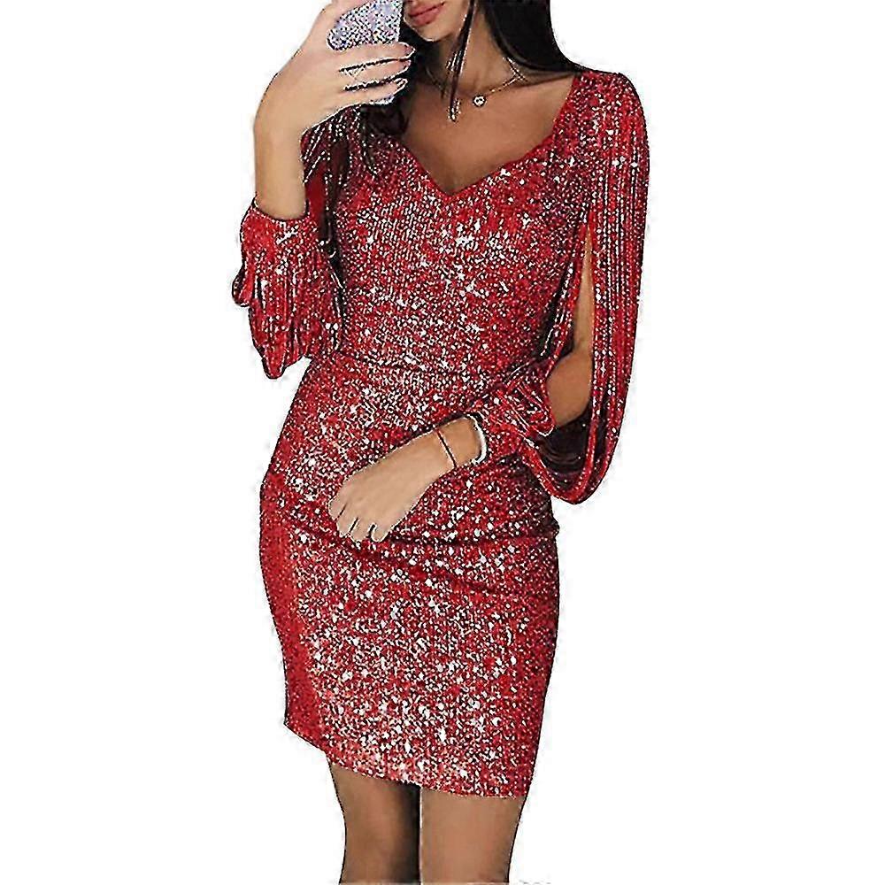 المرأة الترتر قلم رصاص اللباس شرابة الأكمام الخامس الرقبة بريق كوكتيلات حزب فساتين صغيرة Clubwear