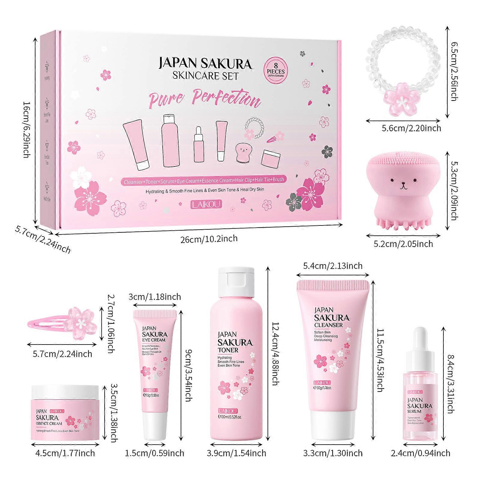 8 em 1 Sakura Cuidados com a Pele para Adolescentes, Conjunto de Cuidados com a Pele Úmido, Conjunto de Cuidados com o Rosto Antienvelhecimento, Creme de Soro de Limpeza Máscara Facial de Soro para os Olhos