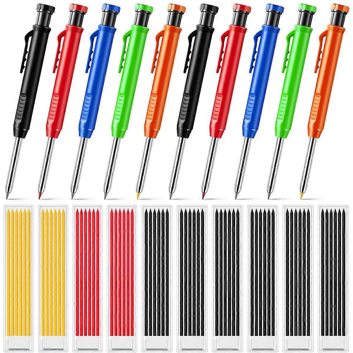 10 Pcs Solid Carpenter Pencils with 60 Pcs Refills Long Nosed Deep Hole Mechanical Pencil Marker Co