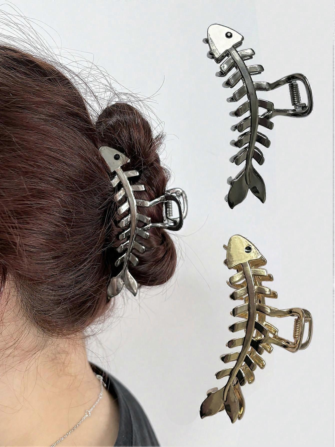 2pcs קליפס לשיער עצם דג נגד החלקה, מתאים לנשים ונערות - קליפס גדול לשיער עצם דג ממתכת, המשמש לעיצוב שיער ואביזרים בטוחים