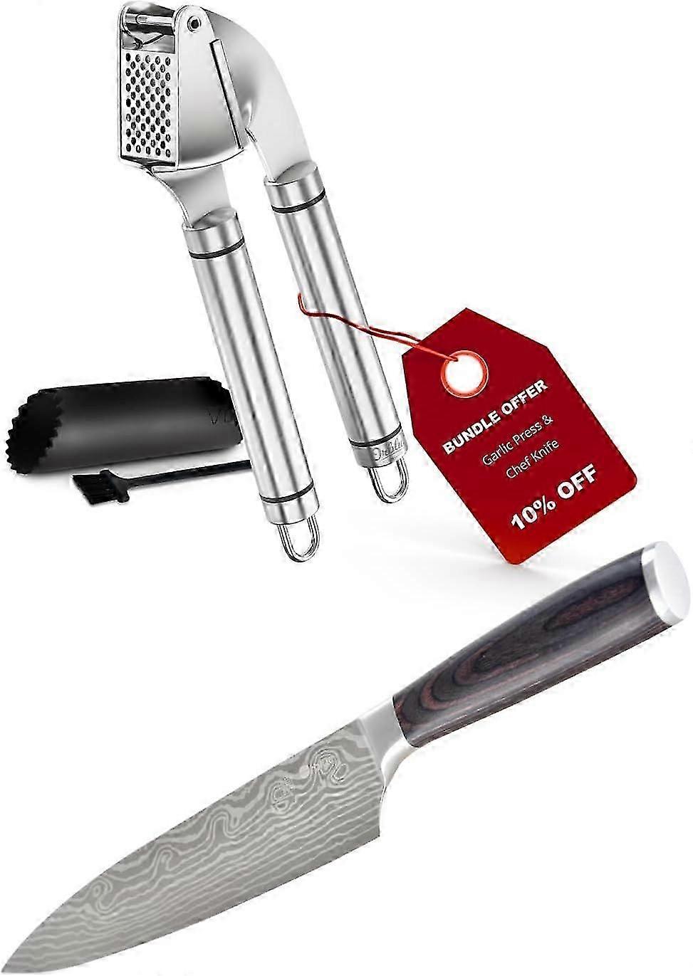 Premium Stainless Steel Garlic Press & Chef Knife Bundle