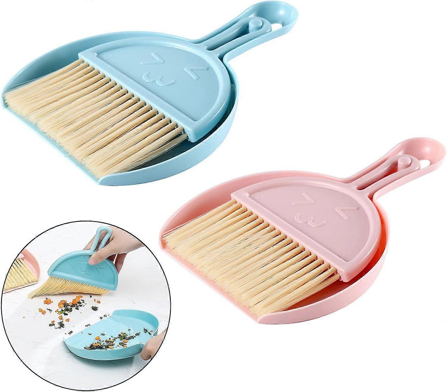 2PCS Mini Dustpan and Brush Set, Small Broom and Dustpan, Portable Table Top Brush Set, Cleaning Tools with Soft Bristles(Blue+Pink)
