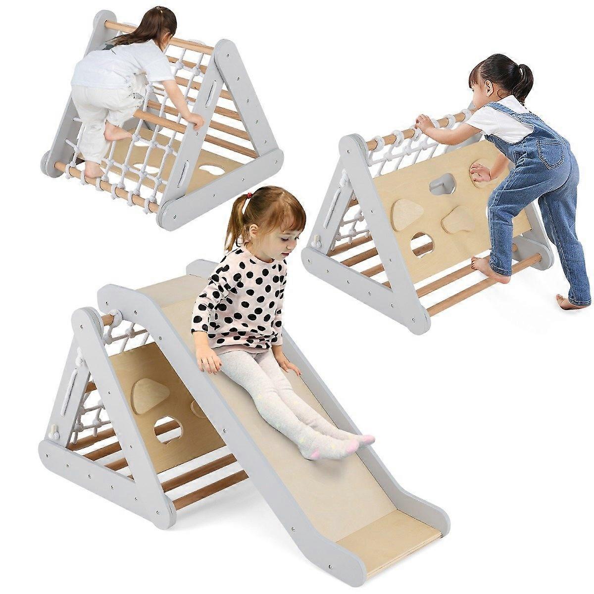 4 in 1 Climbing Triangle with Slide Wooden Climbing Frame 62.5 x 64 x 57.5 cm Grey