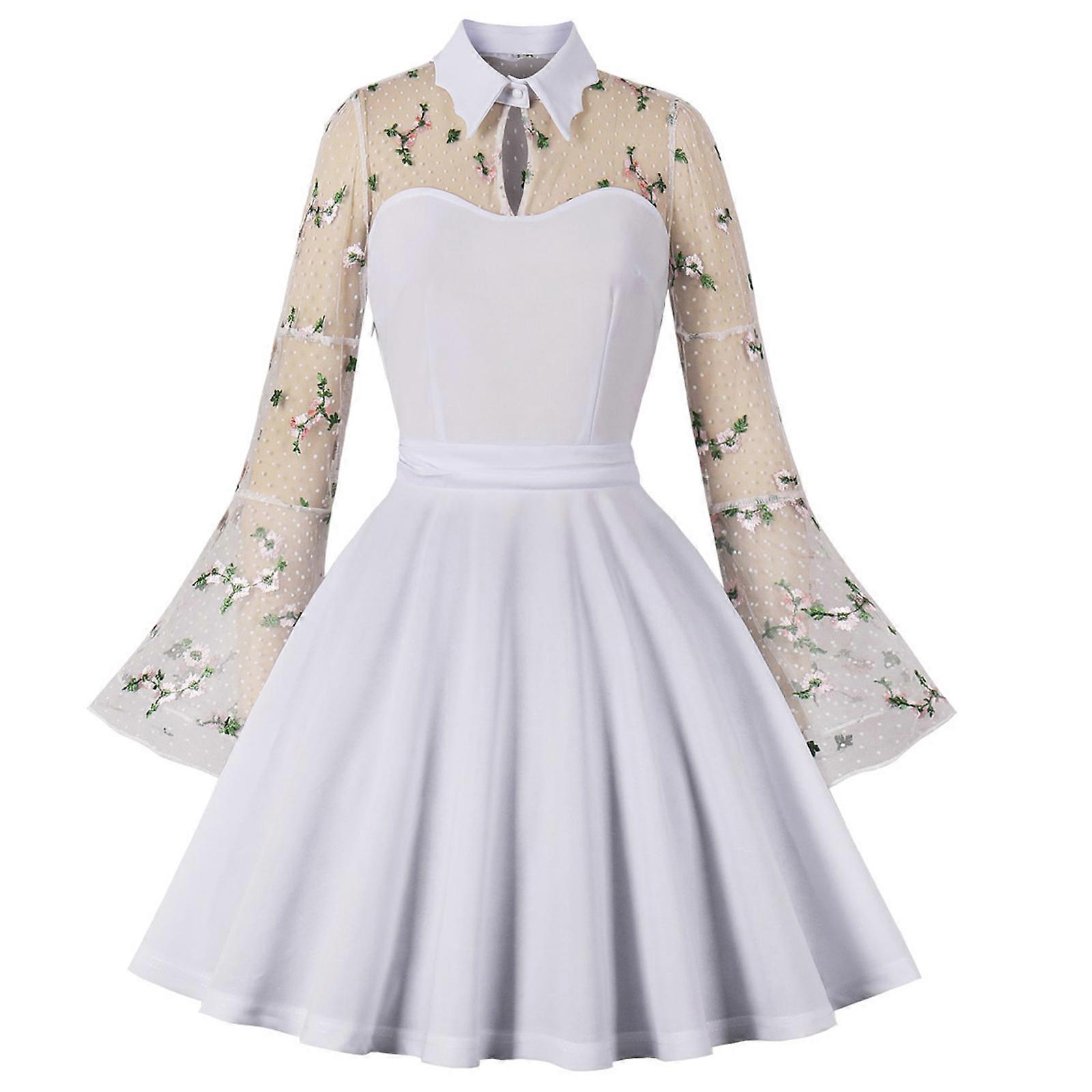 Women's Vintage Casual Floral A Line Party Cocktail Swing Dress Floral  Embroidery 1950s Retro Rockabilly Prom Dress White M | Fruugo UK