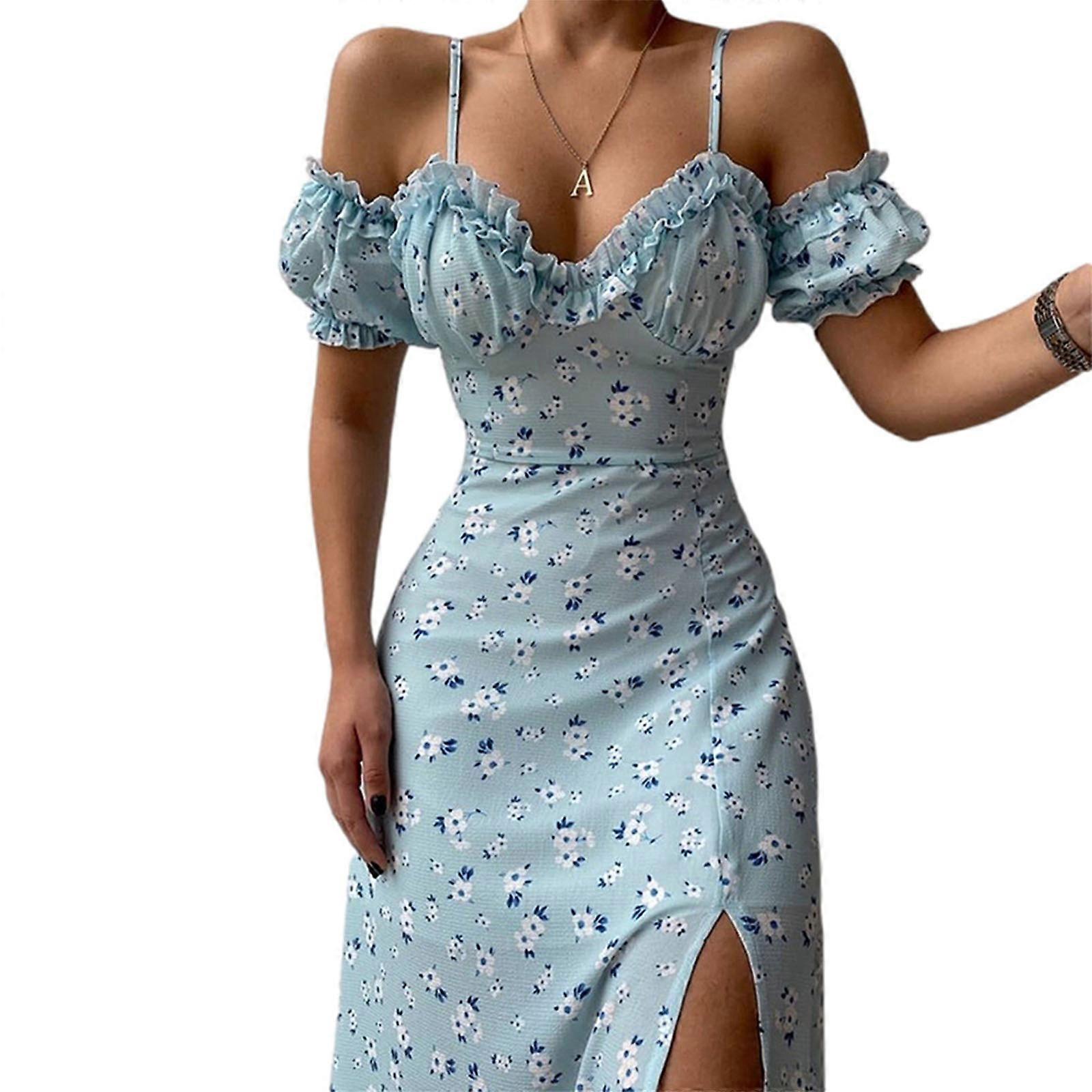 Women Casual Sundress Off Shoulder Floral Spaghetti Strap Ruffle Split  Summer Dress light blue XL | Fruugo UK