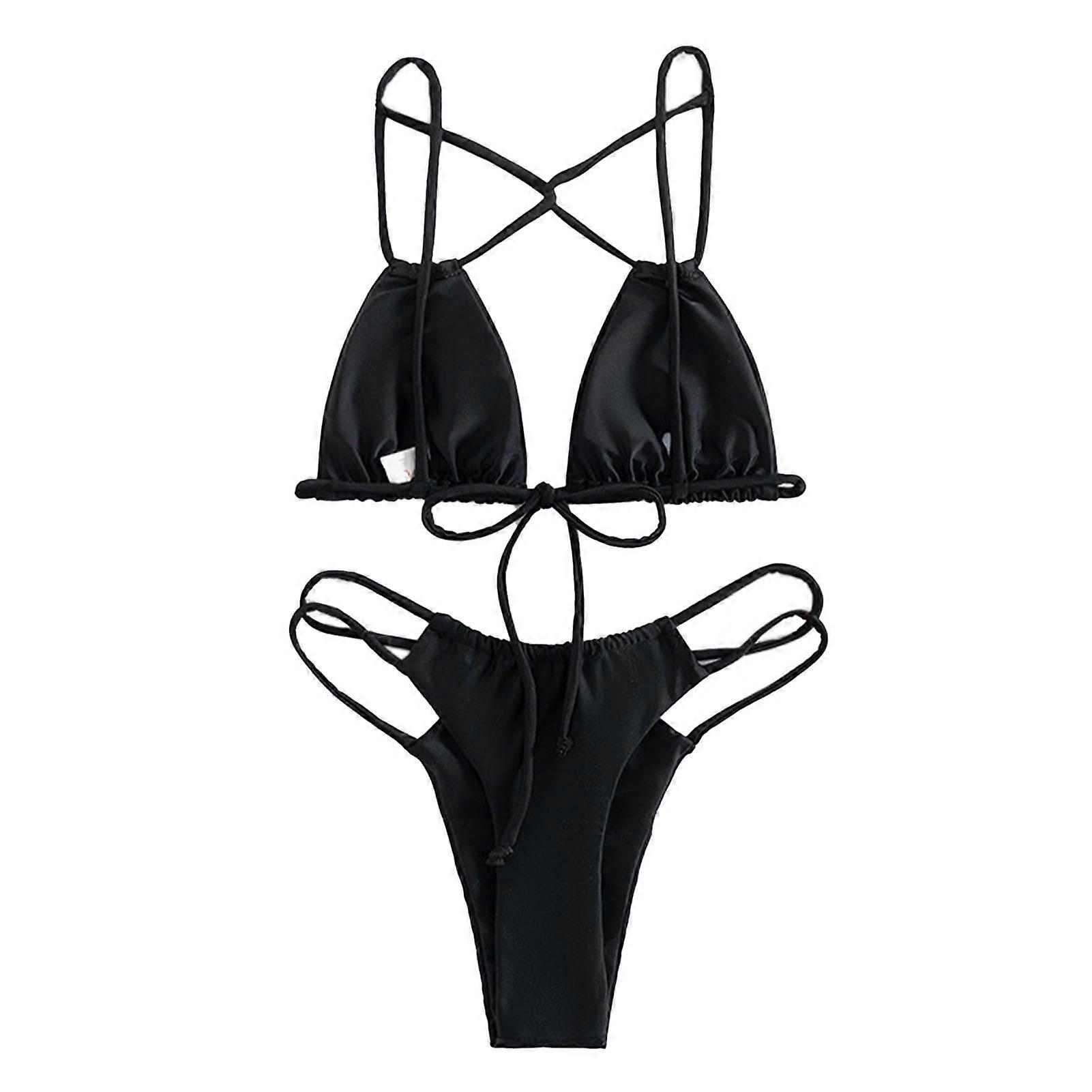 Women's Bikini Set Cross Spaghetti Strap Backless Solid Color Two Piece Bikini Swimsuit Bathing Suits