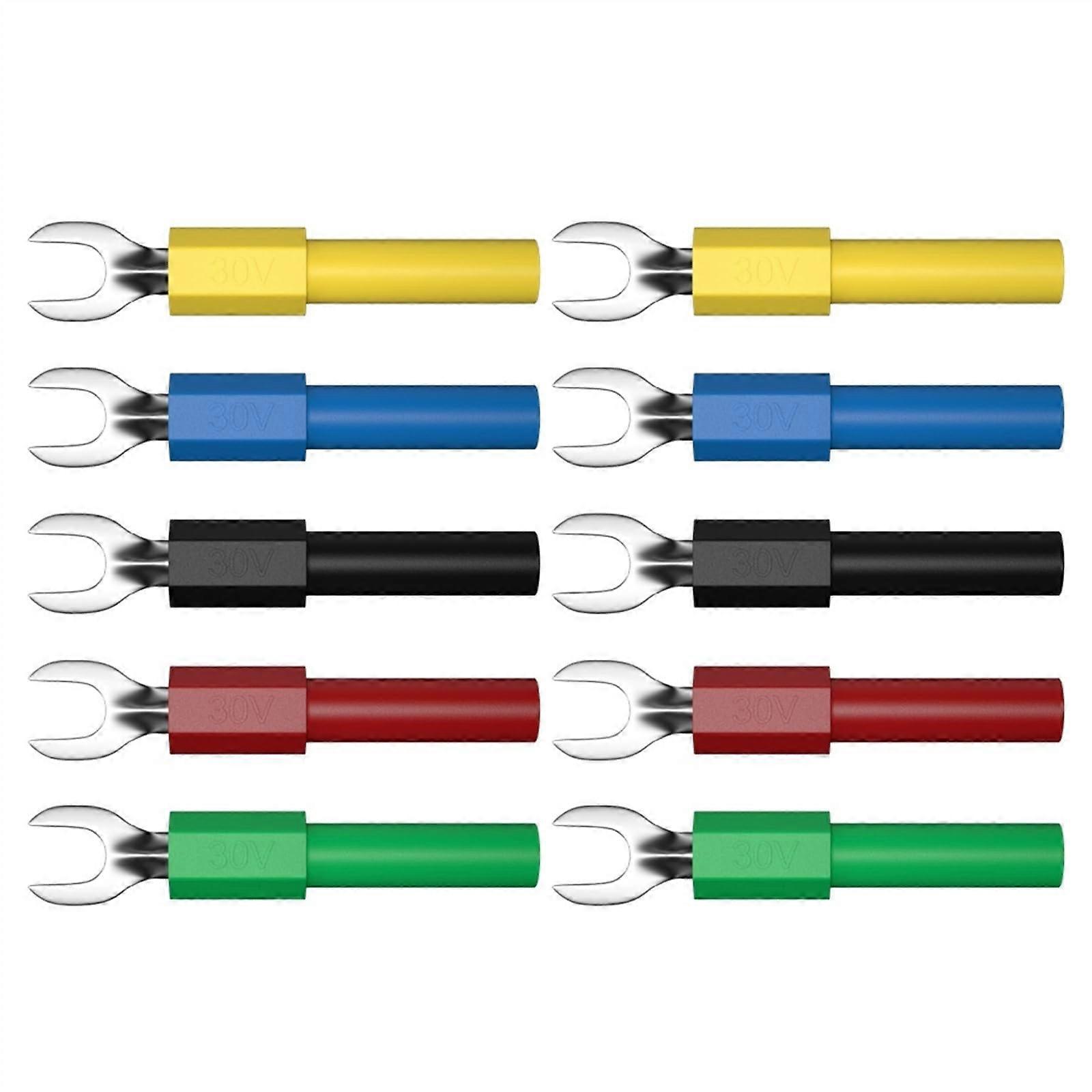 10PCS 4MM Insulated Fork Spade U-Type Wire Connector Electrical Crimp Terminal Y Spade Copper Banana Socket 4mm Q.20015(5 red 5 Black)