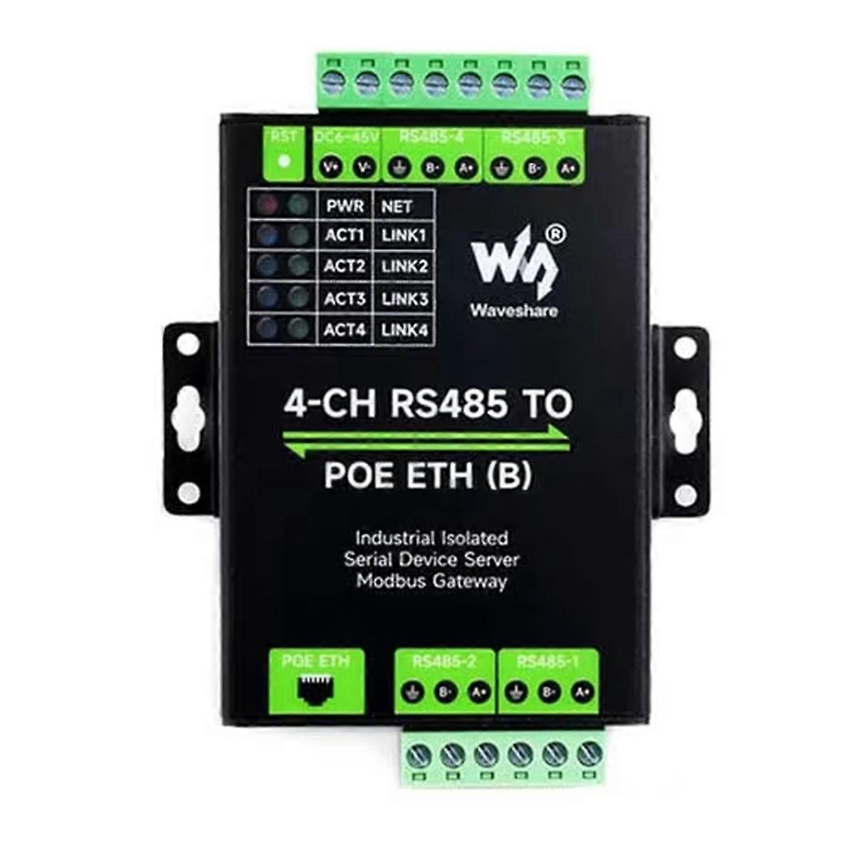 Waveshare Industrial isolé 4CH RS485 vers POE ETH Ethernet Converter Support Modbus/MQTT/JSON Indus