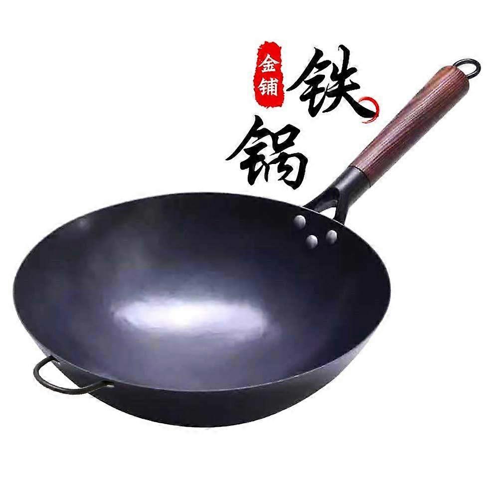 Chinese Hand Hammered Iron Woks Stir Fry Pans, Non-stick, Coating, No Less Oil, Black Seasoned Wooden handle (Cook-36cm)