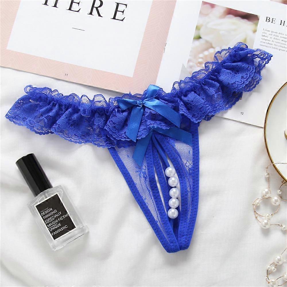 Womens Sexy Panties,Lace Thongs G-String with Pearls Ball(Blue)