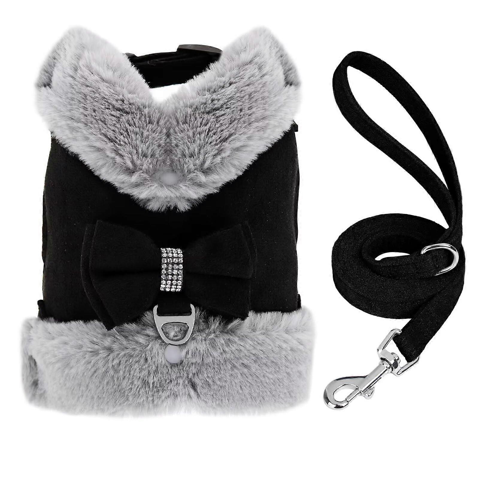 Dog Harness And Leash Set, Small XS/S Black, Winter-Warm Bow Tie Adjustable Padded Vest Removable Plush Collar