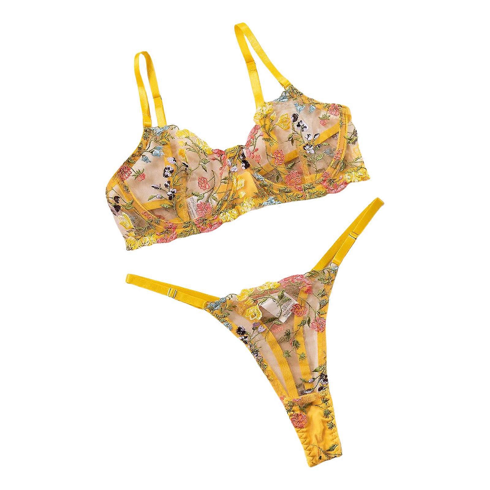 Bohemian Embroidery Floral Sheer Mesh Underwire Bra and G-String Thong Set Unlined Intimate Apparels for Women Underwear Yellow XL