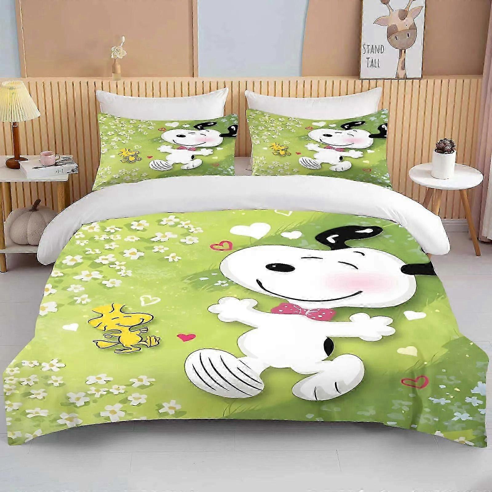 Cute Cartoon Print Bedding Set with Snoopy Design, 3-Piece Duvet Cover and Pillowcase for Adults and Kids, Full Size Customizable Birthday G
