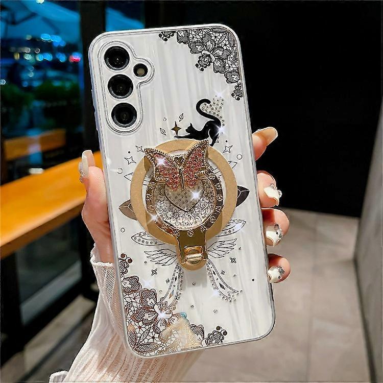 Compatible For Samsung Galaxy S25 Magnetic Case Rhinestones Decor Kickstand Cat Pattern TPU+PC Phone Cover