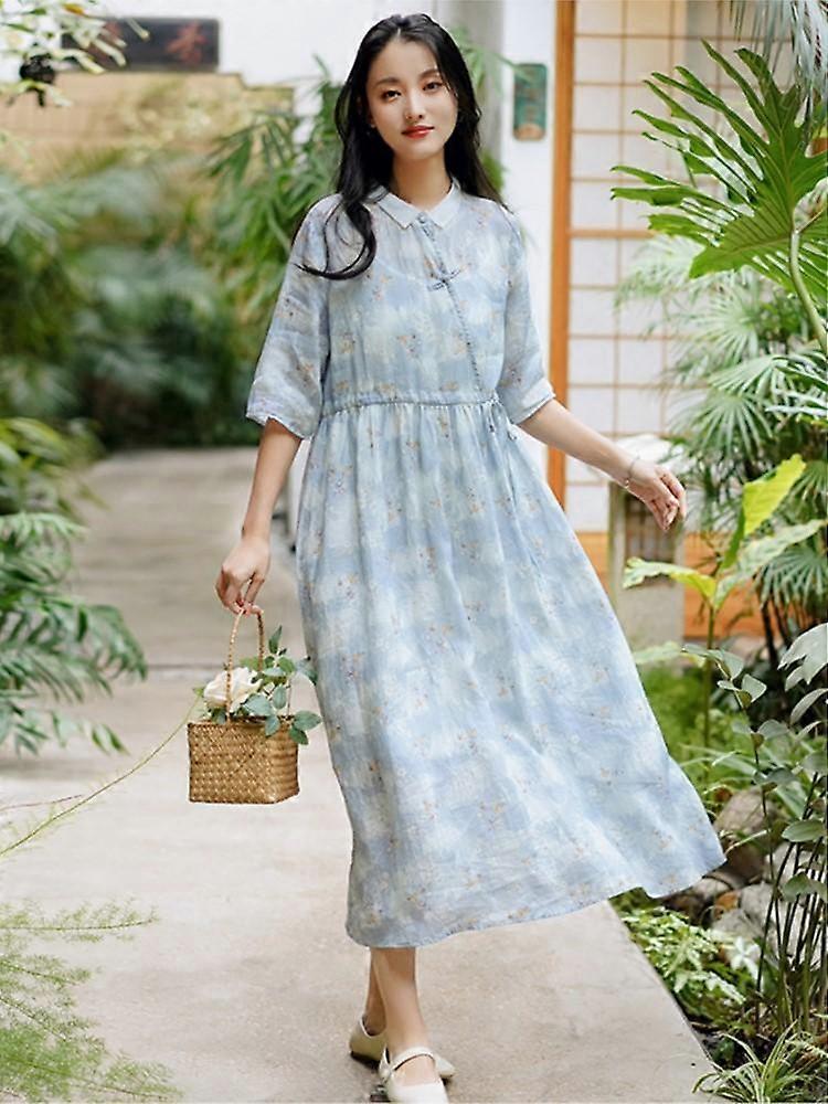 Johnature Women Chinese Style Ramie Dress Print Floral High Waist Vintage Clothes Summer Ramie Button Dresses