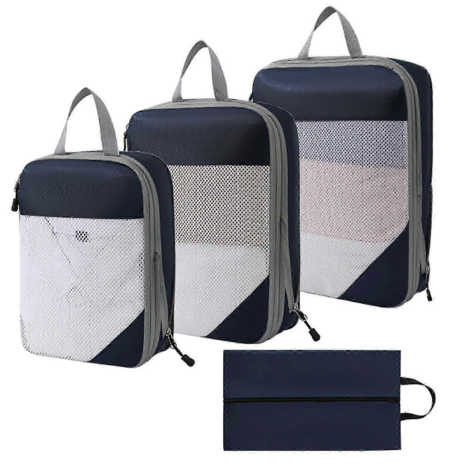 4pcsパッキングキューブ荷物オーガナイザートラベルコンプレッションバッグネイビーブルー