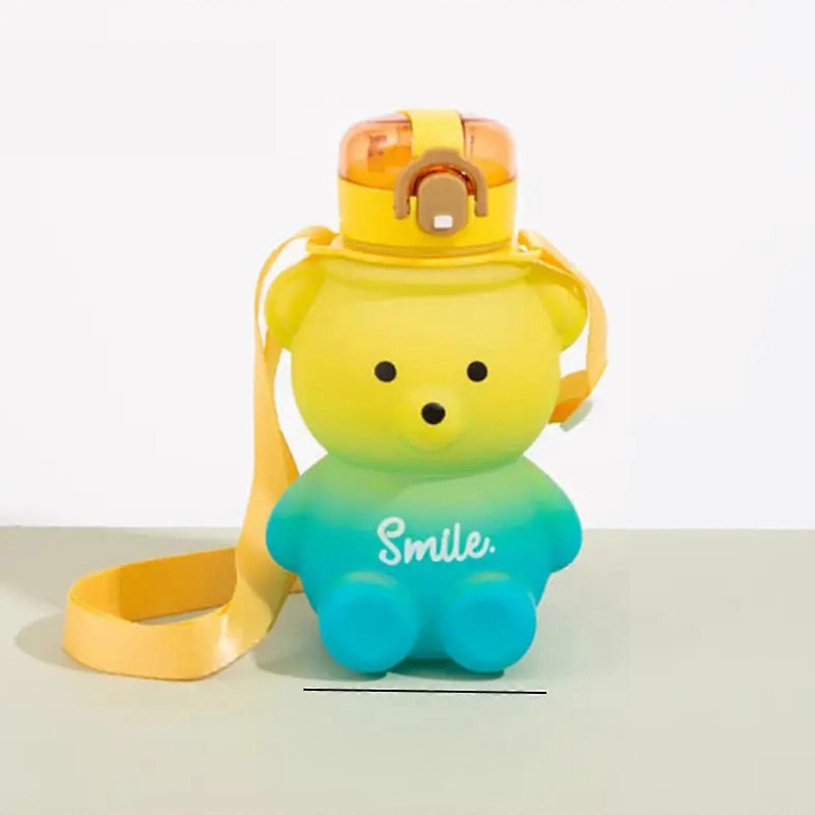 クマのストローかわいい漫画のクマのウォーターボトルとストローとハンドルとストラップ付き - かわいいステッカー付きのかわいいウォーターボトル