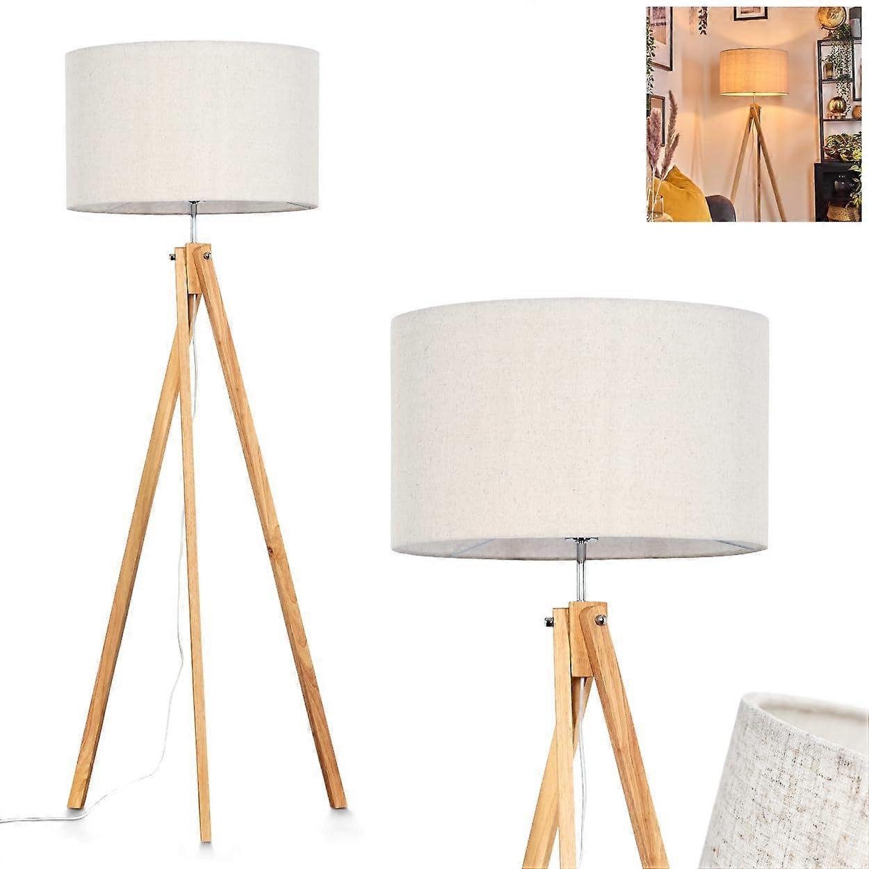 Flemming Floor Lamp Scandinavian Design Wood Fabric Beige White 151 cm Height Round Shade 50 cm E27 Bulb Not Included