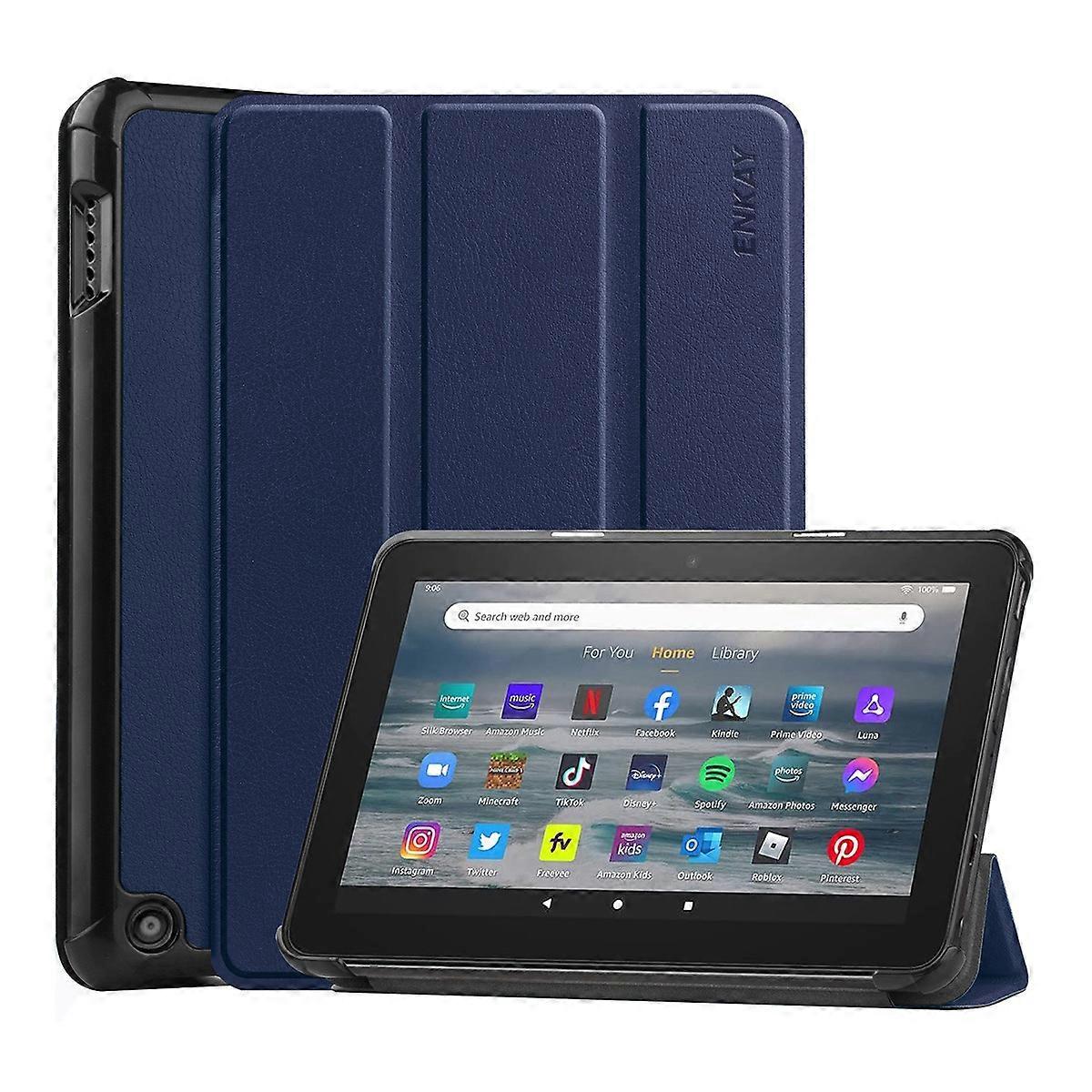 TKdaddy ENKAY HAT PRINCE For Amazon Fire 7 (2022) Tri-fold Stand Tablet Case Auto Wake Sleep Function PU Leather + PC Protective Cover Dark Blue