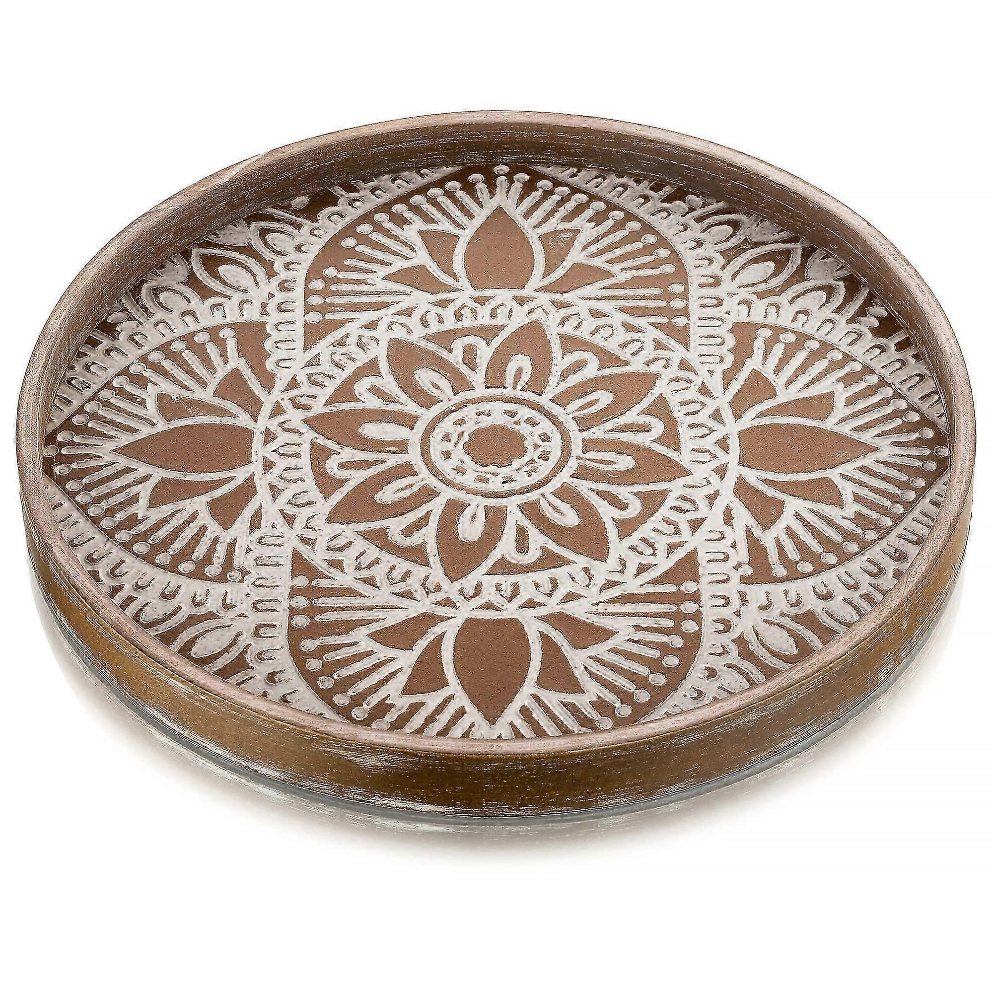 Handcrafted Round Wood Serving Tray - Stylish Boho Kitchen Countertop Decor