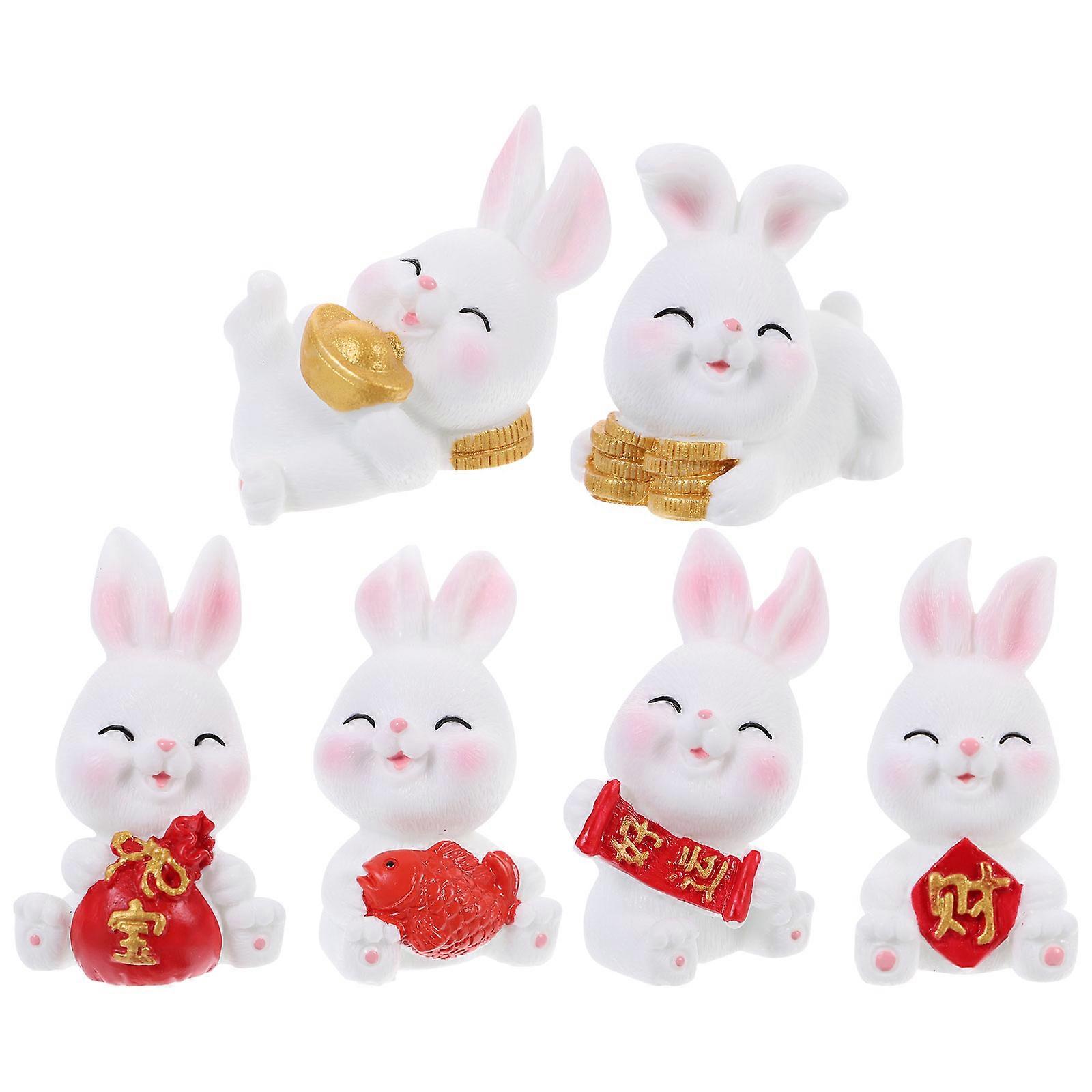 6pcs Resin Zodiac Rabbit Figurines, Cute Cartoon Bunny Decoration for Desktop, Garden, Micro Landscape, Easter & Year Ornament