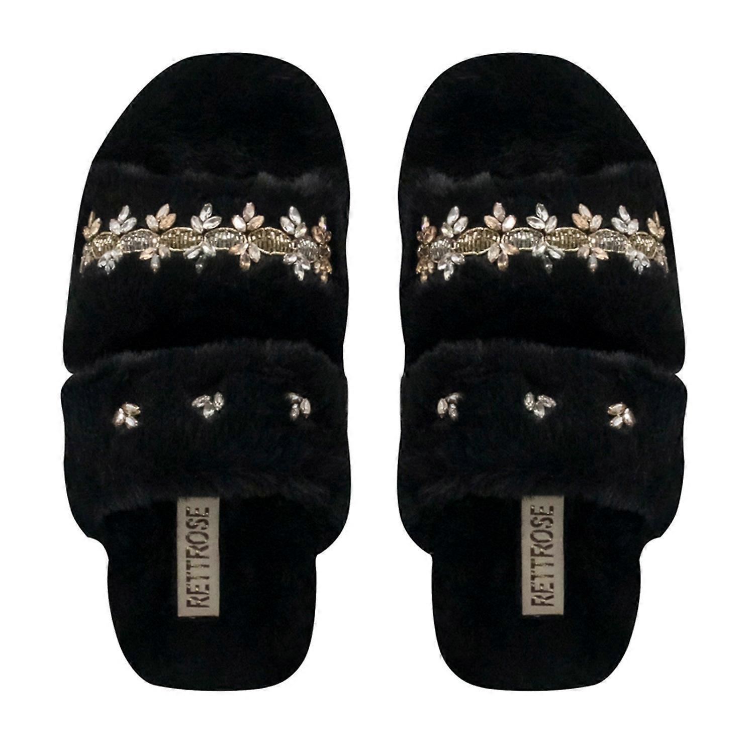 Rettrose faith women’s black slippers – lightweight comfortable handmade plush slippers with diamanté bow | premium faux fur footwear