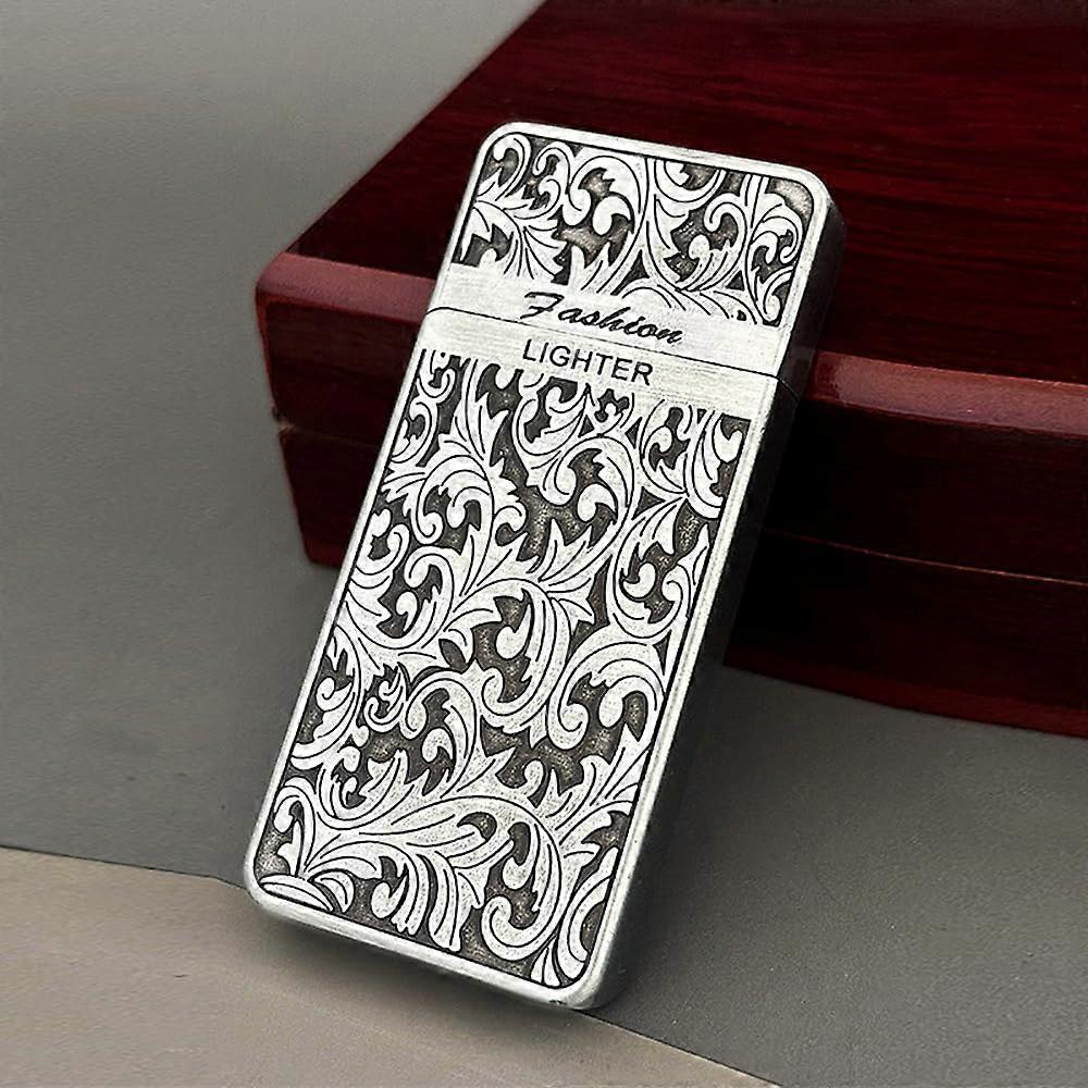 (Without fuel) Vintage Style Butane Flint Lighter, 3 Colours, Soft Flame Candle Lighter,Gift for Men (Silver)