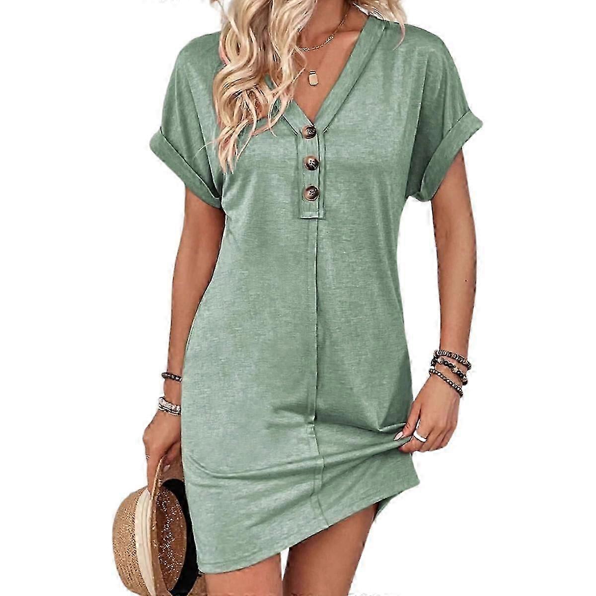 Bayan Pamuklu Gömlek Elbise Yaz Casual Kısa Kollu Düğme Aşağı Plaj Kapaklı Gömlekler Cepli