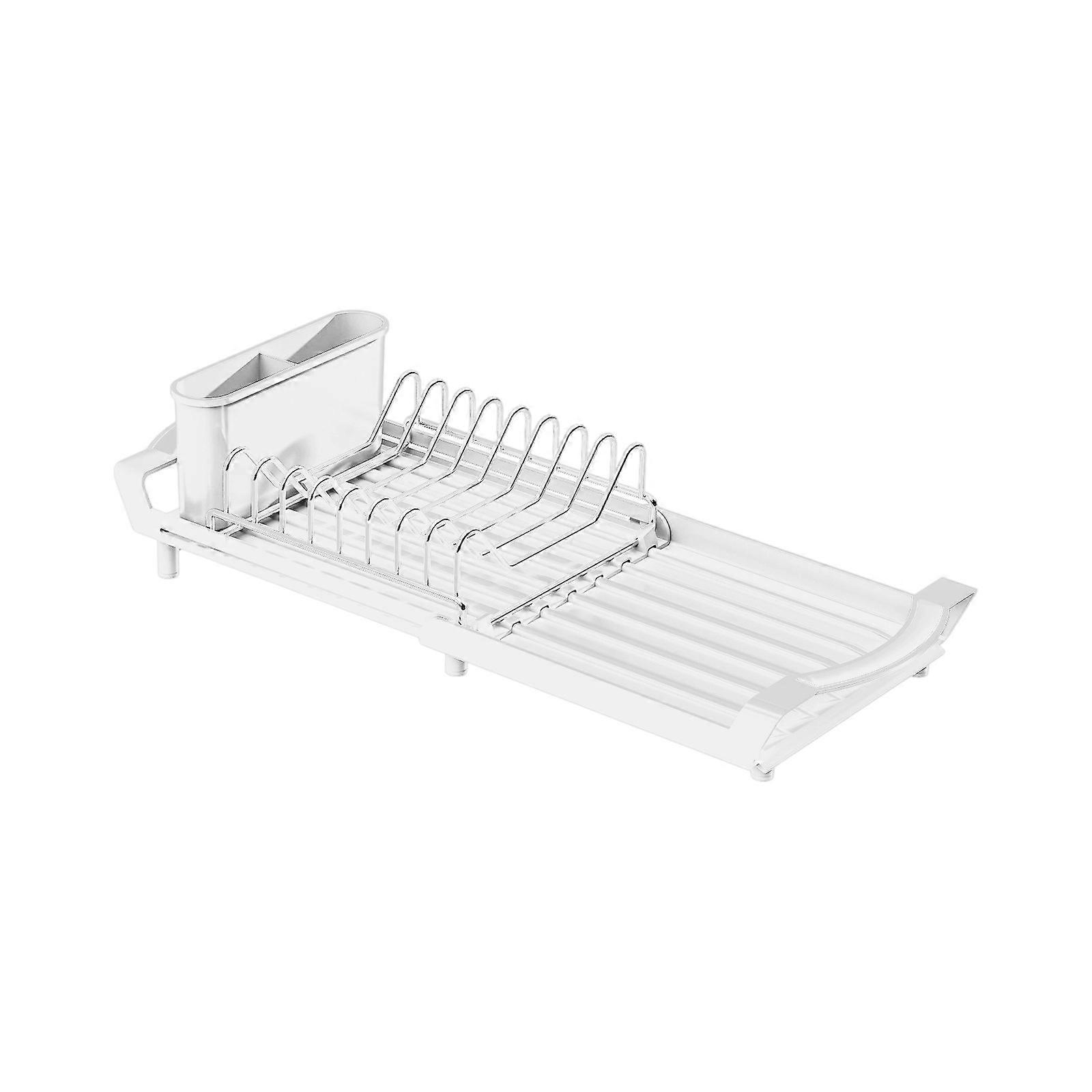 Extendable Dish Rack with Tool Storage Section and Fast Drain Structure 20 In Width Flexible  White