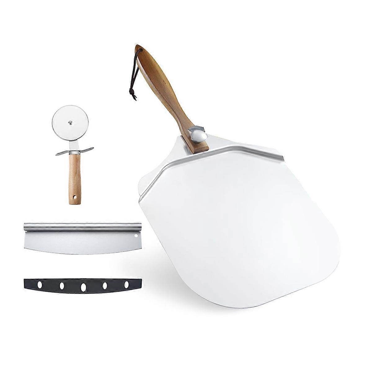 4 st pizzaspade set, metallspatel med vikbart trähandtag,