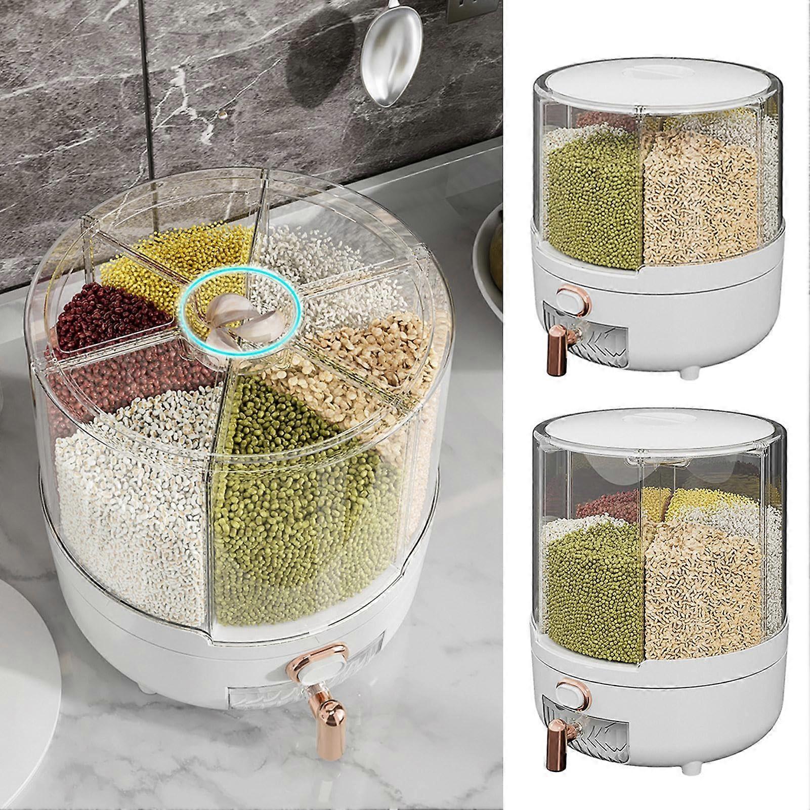 Rice Container - 360° Rotating Transparent Rice Dispenser with 6 Removable Compartments for Beans and Legumes Storage