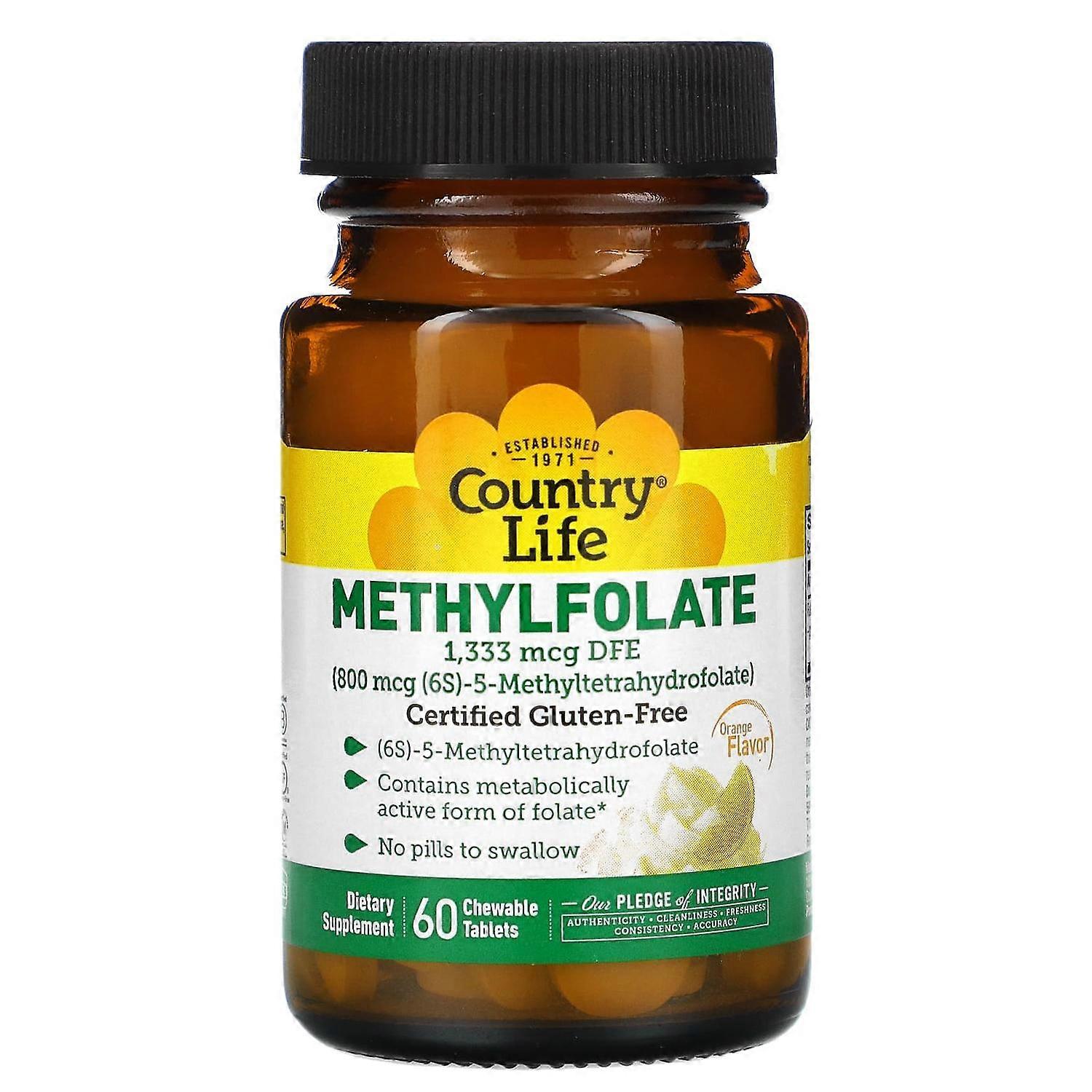 Country Life, Methylfolate, Orange, 800 mcg, 60 Chewable Tablets